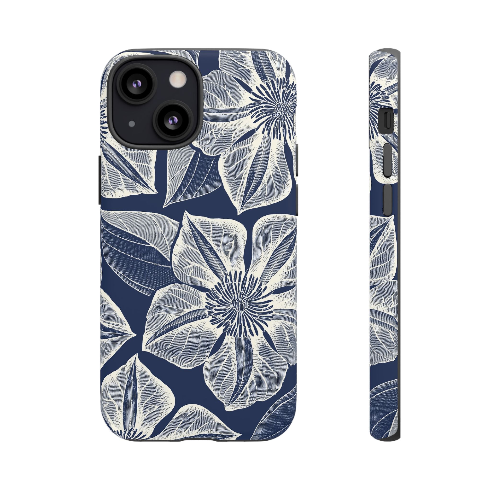 Vintage Bloom Navy iPhone 13 Mini case – Matte | navy ground, large-scale cream clematis print, engraved petal detail, dual-layer protection