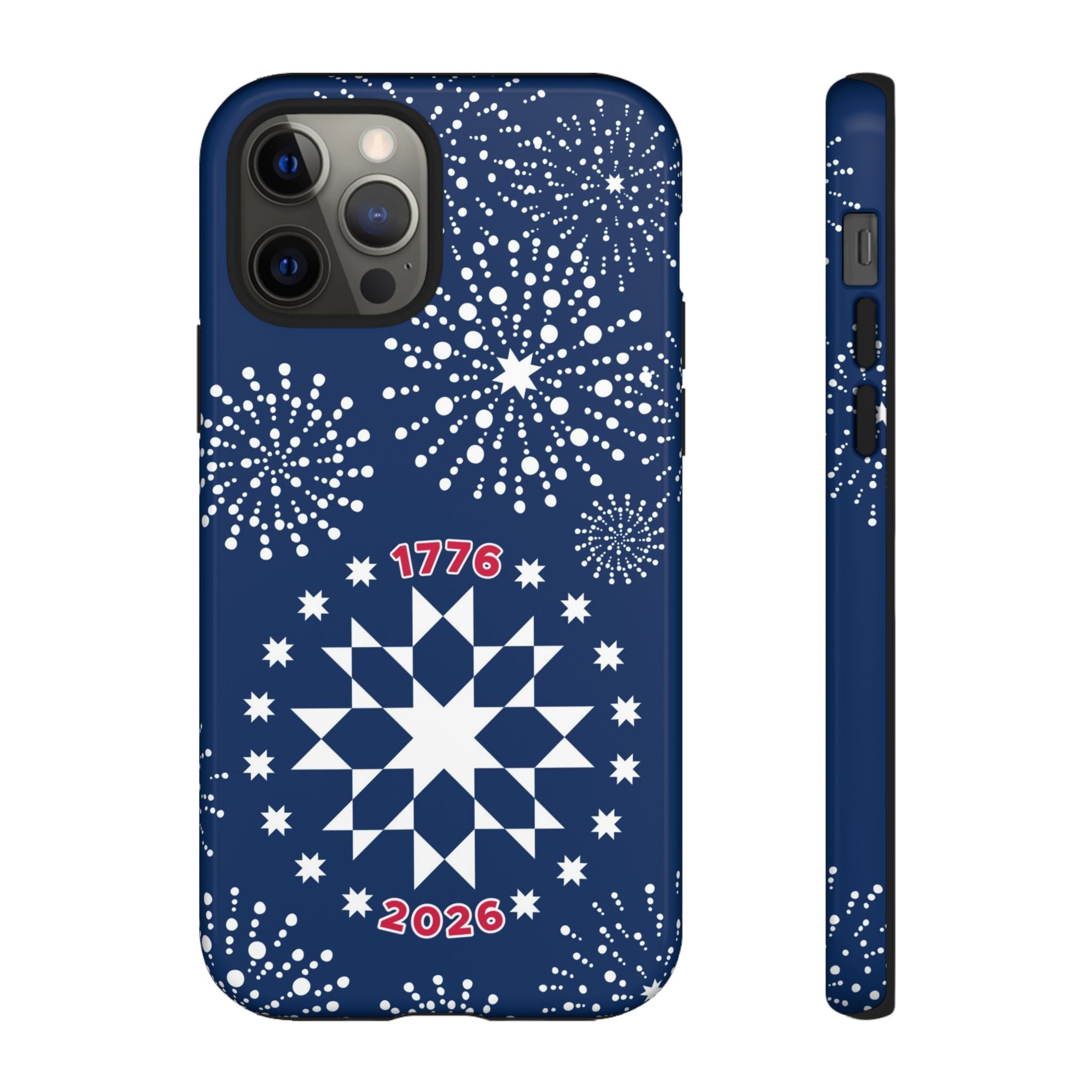 250th Fireworks Tough iPhone 12 Pro Case – Glossy | navy, white patriotic star quilt fireworks print