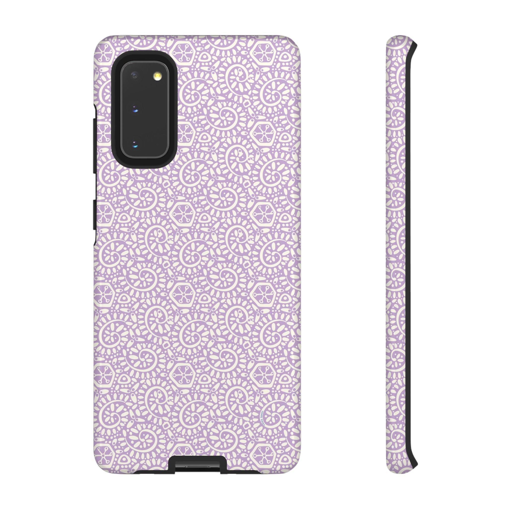Canto Swirls Lavender Samsung Galaxy S20 Glossy Case — lavender hard case covered in an intricate folk-art medallion pattern of radiating circular motifs, dot clusters, and geometric centers