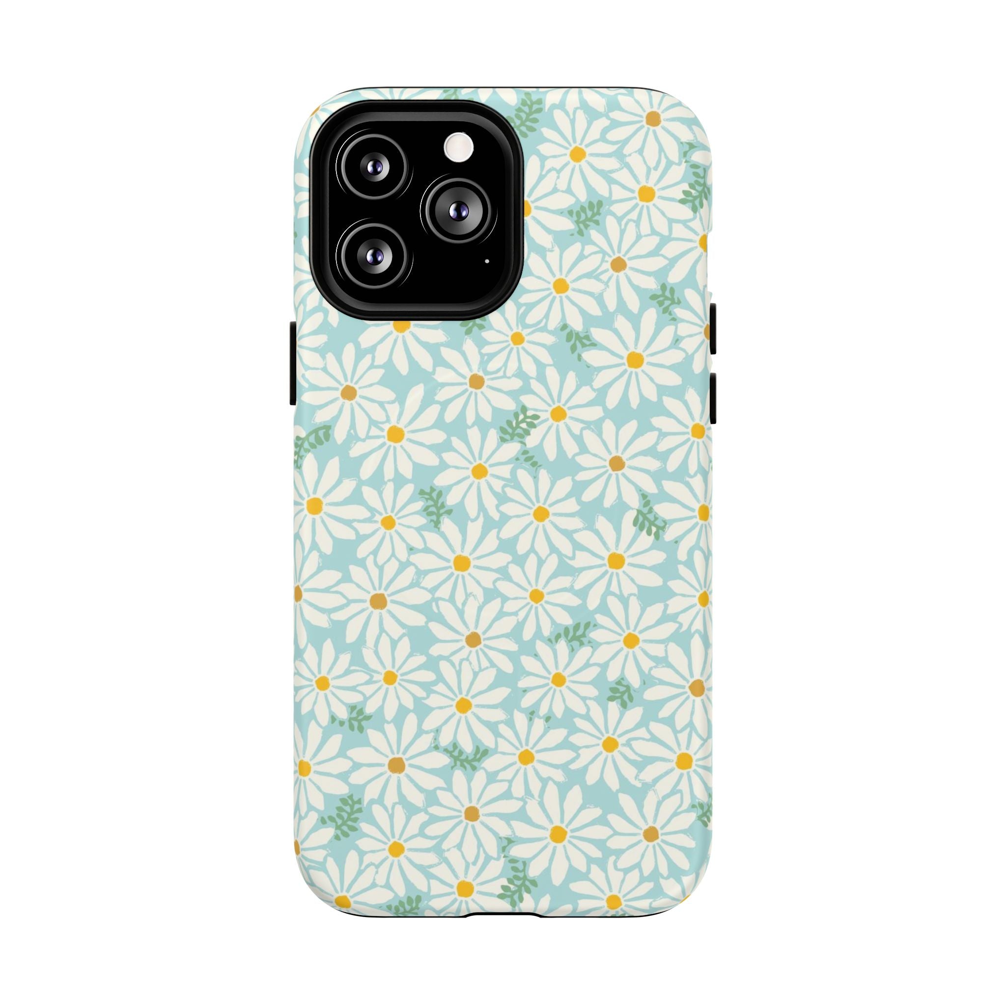 Daisies MagSafe iPhone 13 Pro Max Case – Matte | sky blue, white daisy print, golden yellow centers, mint green leaves MagSafe compatible, dual-layer protection