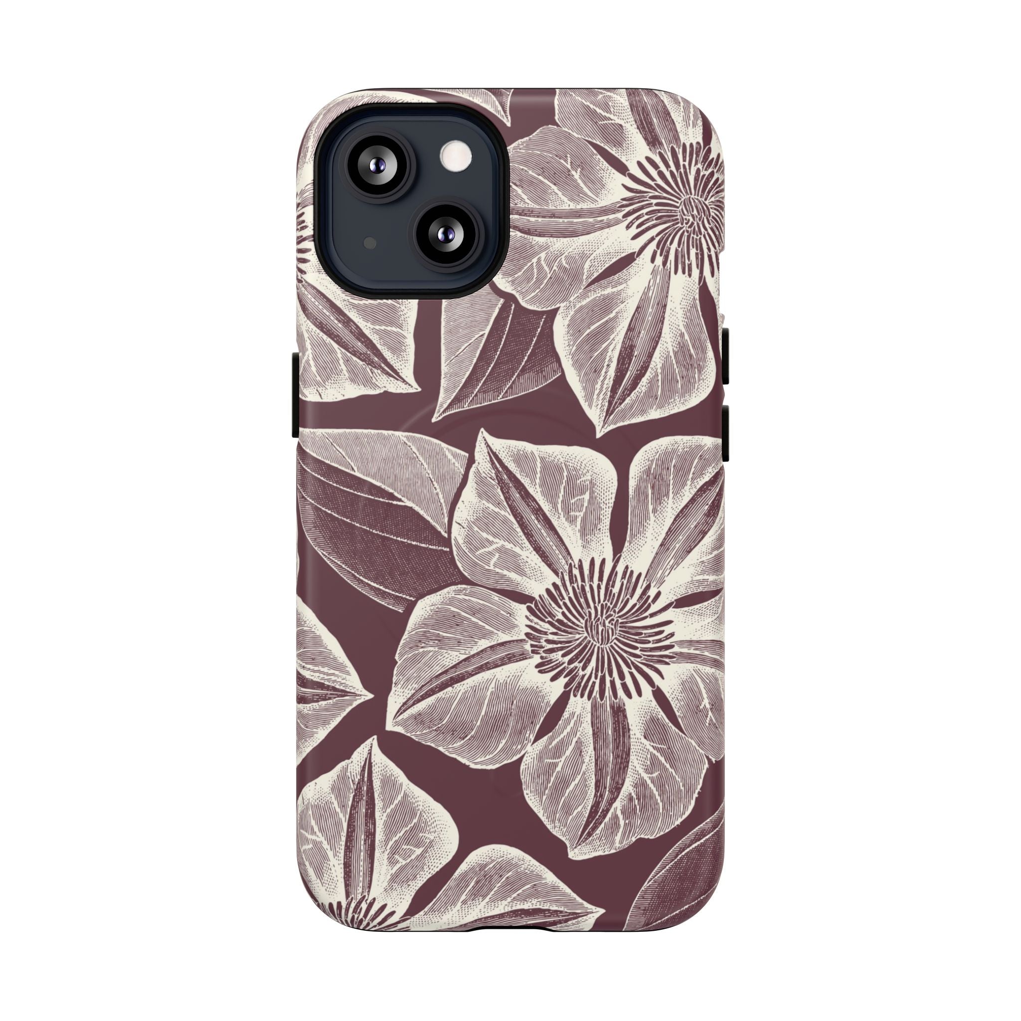 Vintage Bloom Burgundy MagSafe iPhone 13 Case – Matte | burgundy ground, large-scale cream clematis print, engraved petal detail, dual-layer protection