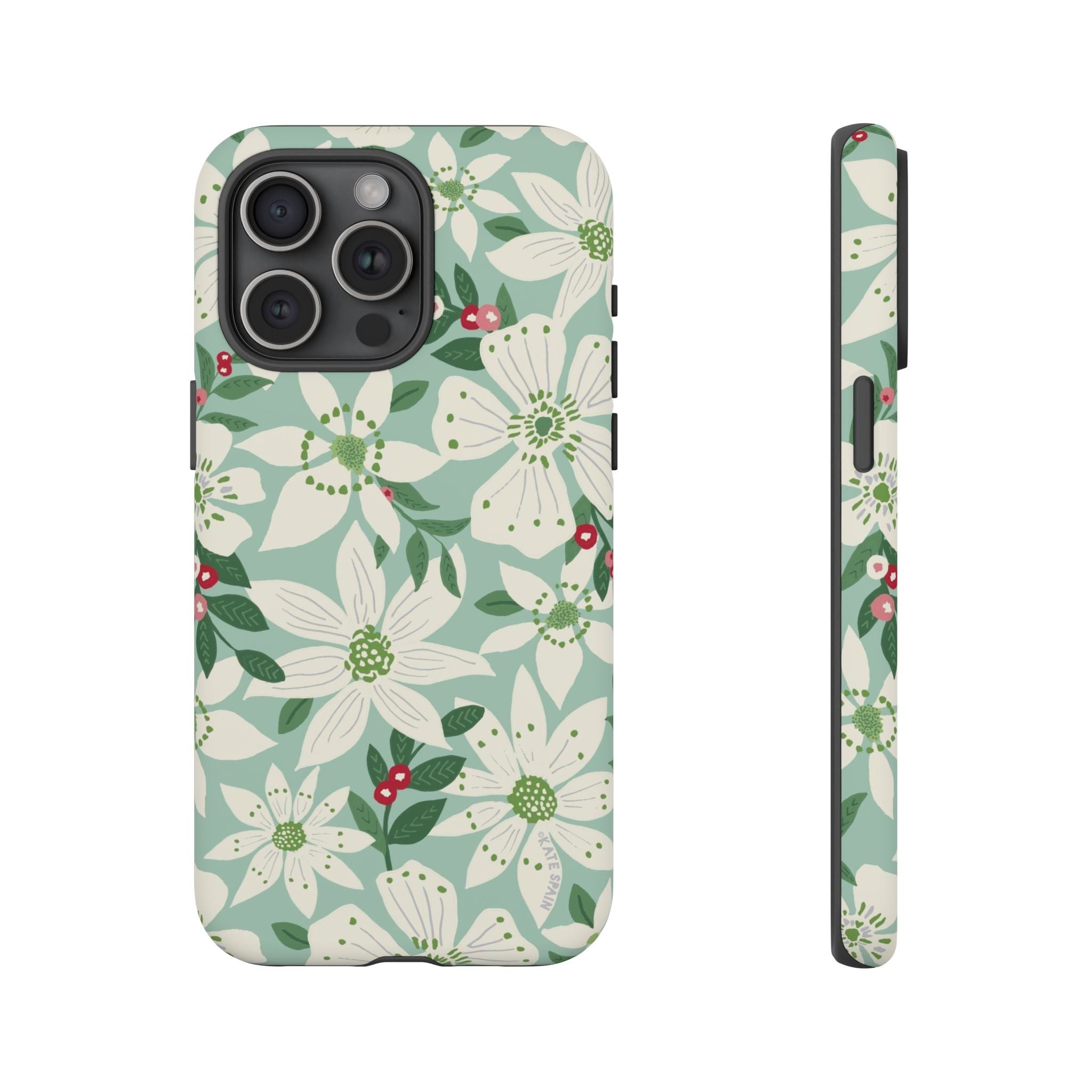 Gardenia Tough iPhone 15 Pro Max Case – Matte | light blue, white, green, red gardenia botanical print