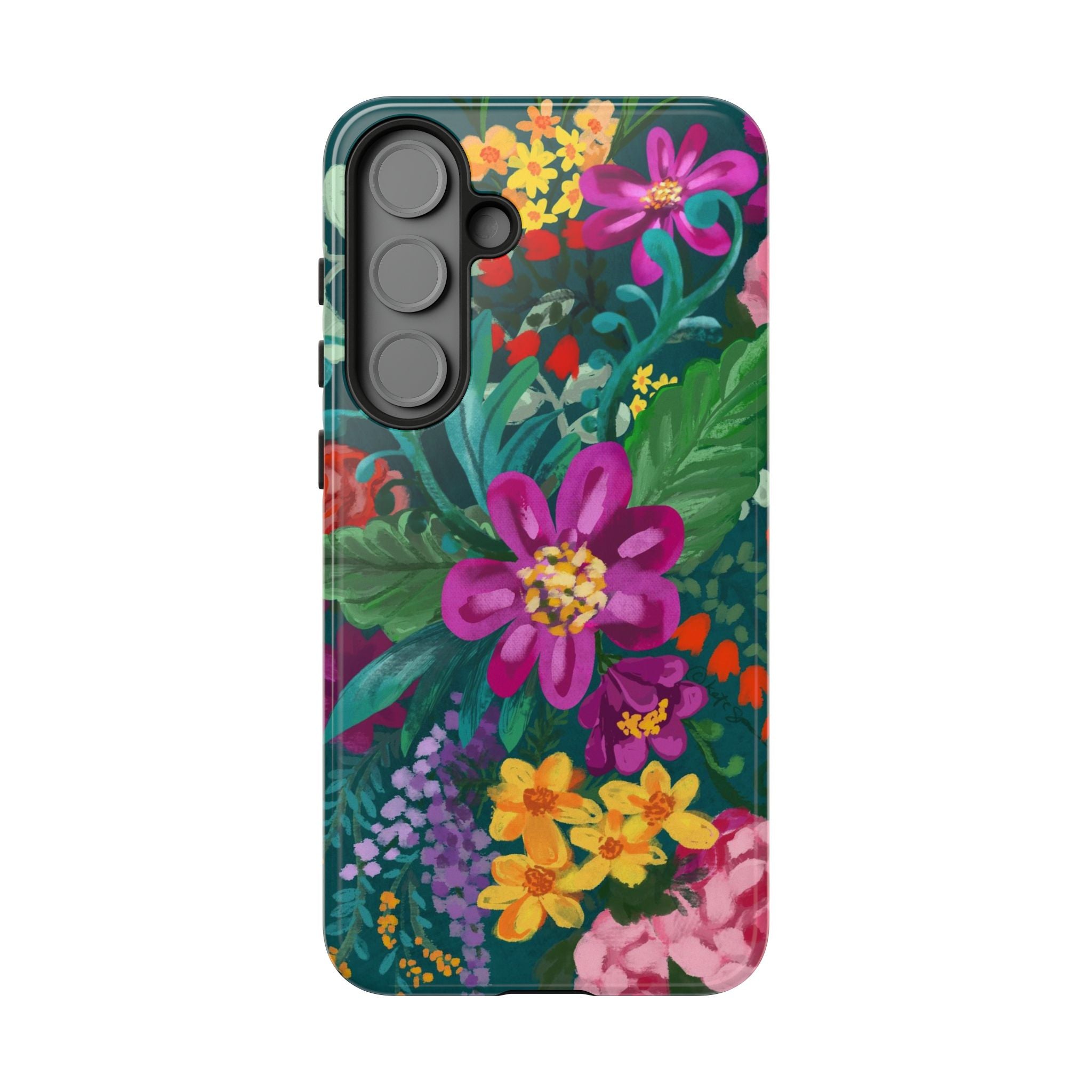 Tropical Posy Samsung Galaxy S25 Plus Case – Glossy | teal, magenta, yellow, pink vibrant botanical floral print