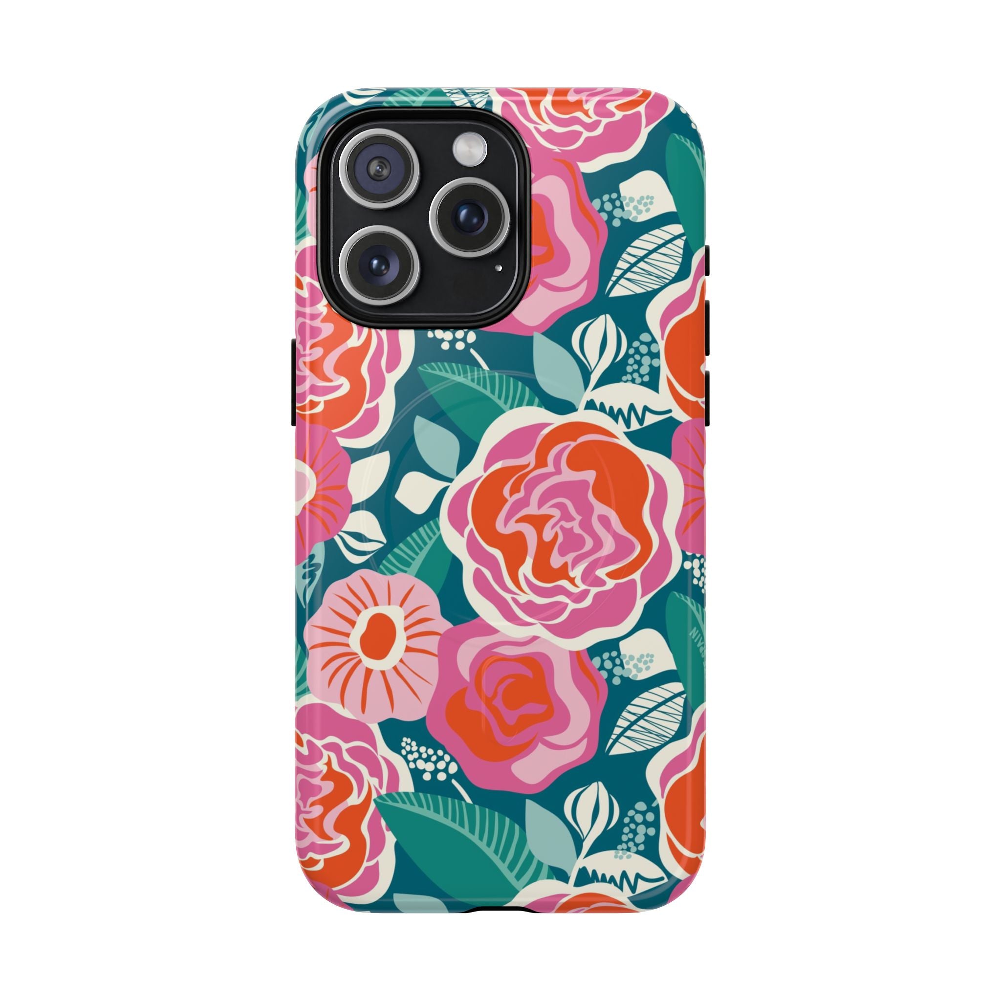 Luxury Tea Rose Teal MagSafe iPhone 15 Pro Max Case – Glossy | teal, coral, pink botanical rose floral print