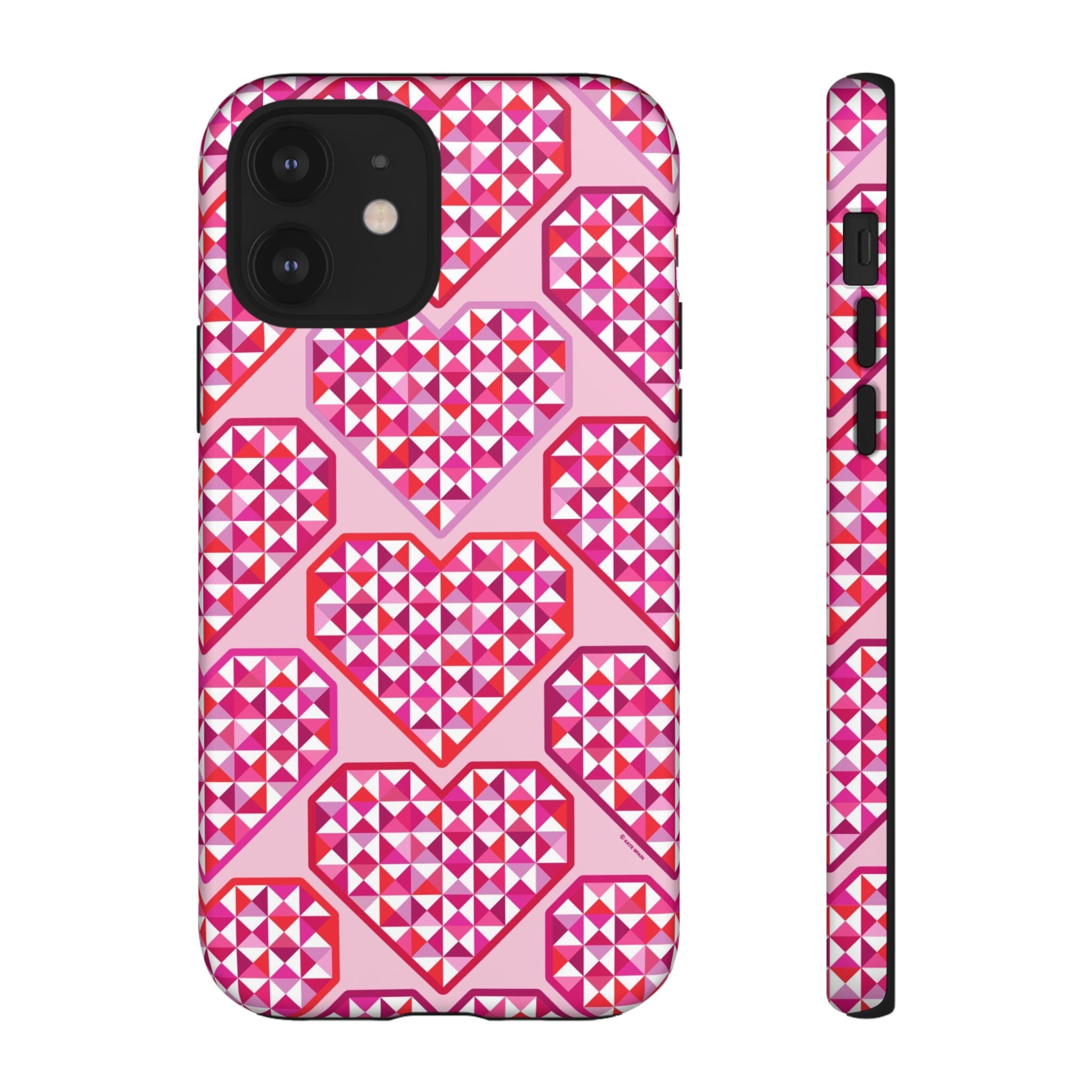 Pink Pyramid Heart Tough iPhone 12 Case – Matte | blush, pink, magenta, red geometric pyramid heart print