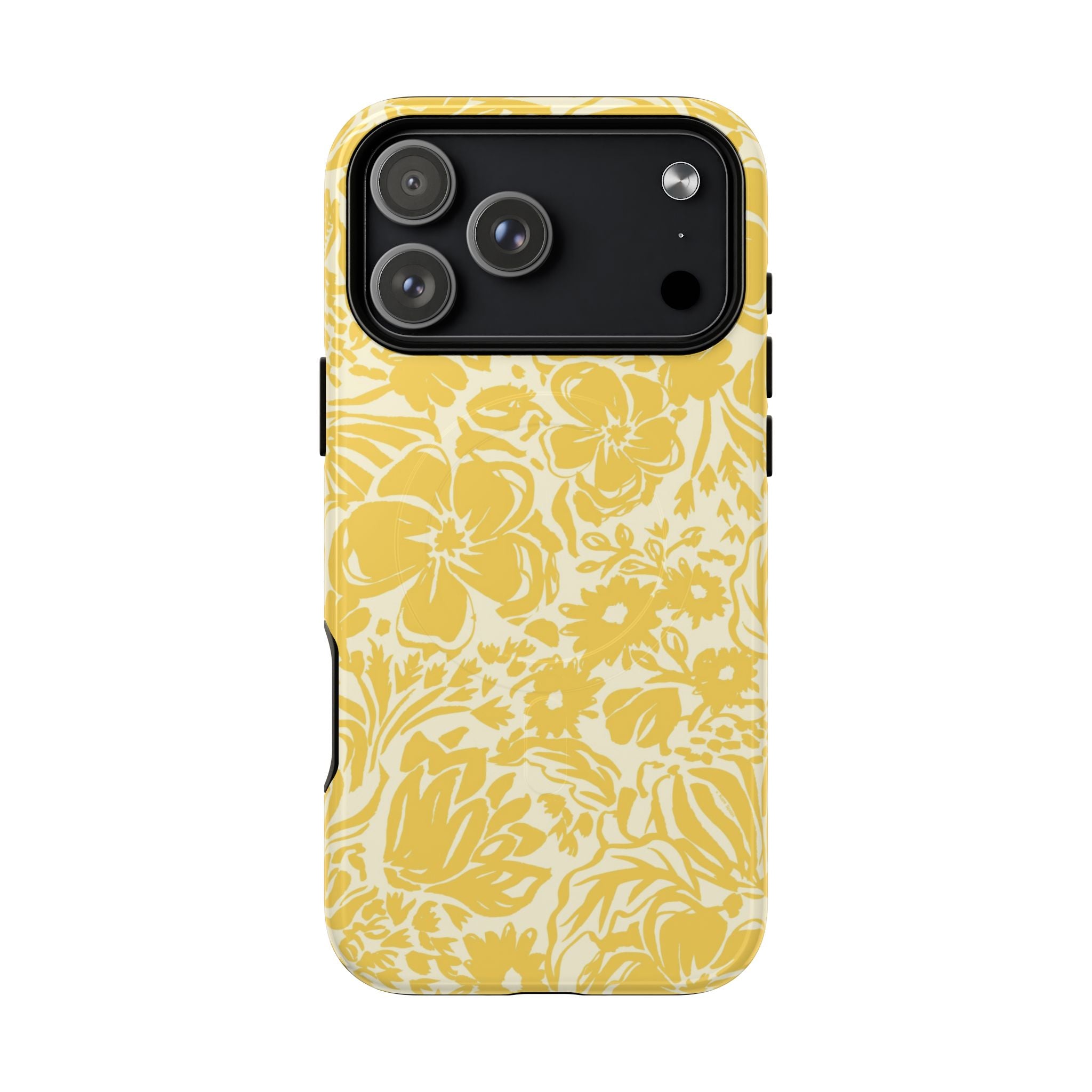 Rhapsody Yellow MagSafe iPhone 17 Pro Max Glossy case — bold golden yellow floral print on cream by Kate Spain