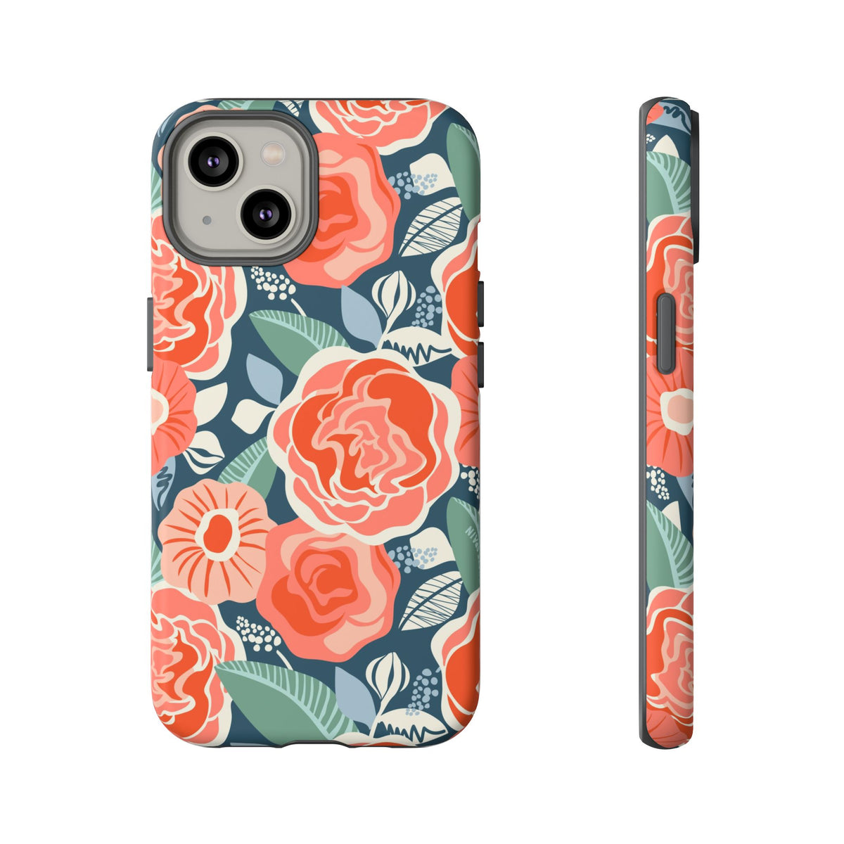 Tea Rose Navy Tough iPhone 14 Case – Matte | navy, coral, peach botanical rose floral print