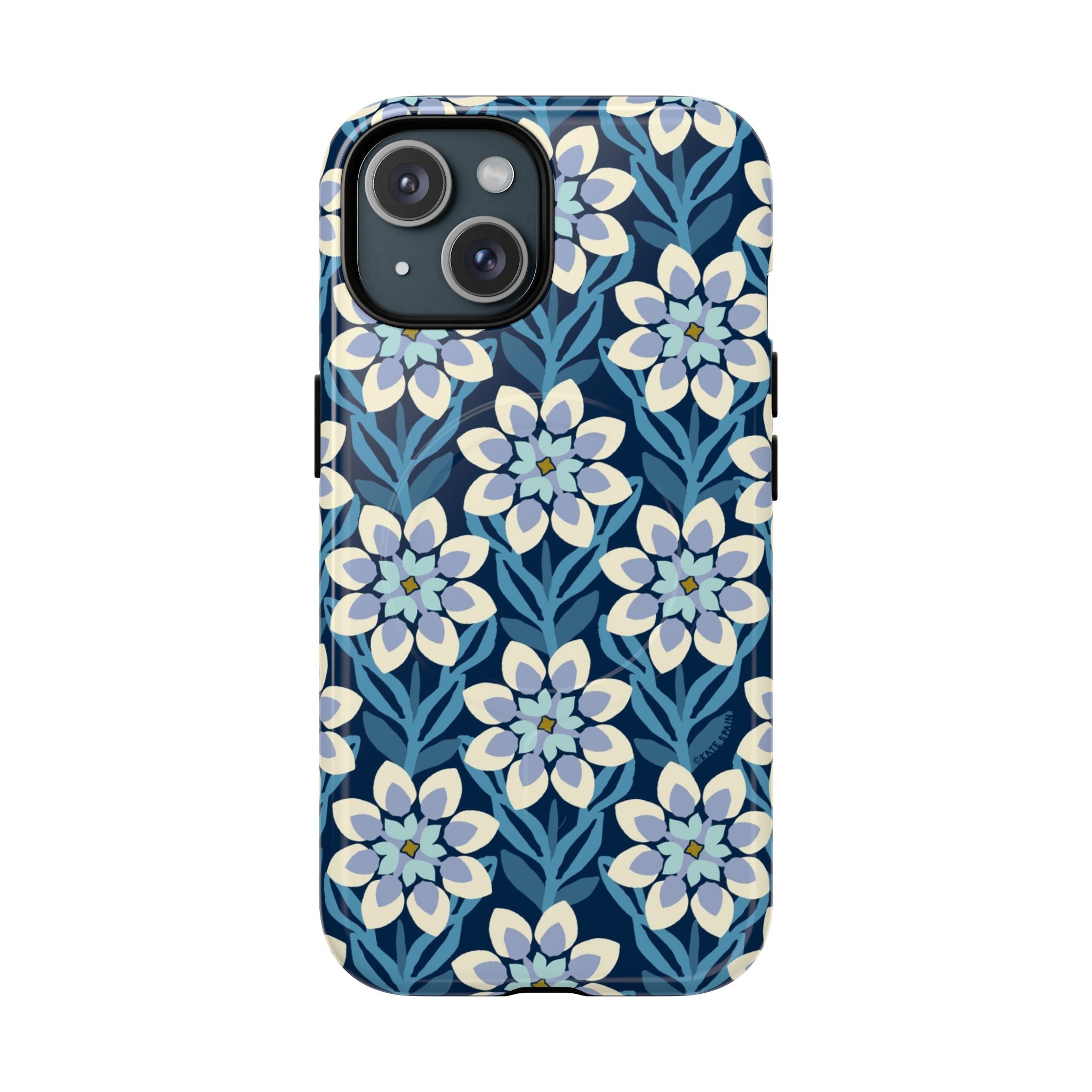 Modern Dahlia MagSafe iPhone 15 Case – Glossy | navy, slate blue, white geometric dahlia tile floral print