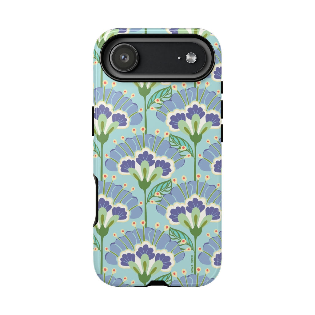 Lantern Flower Tough iPhone 17 Air Case – Glossy | aqua, periwinkle, green botanical lantern floral print