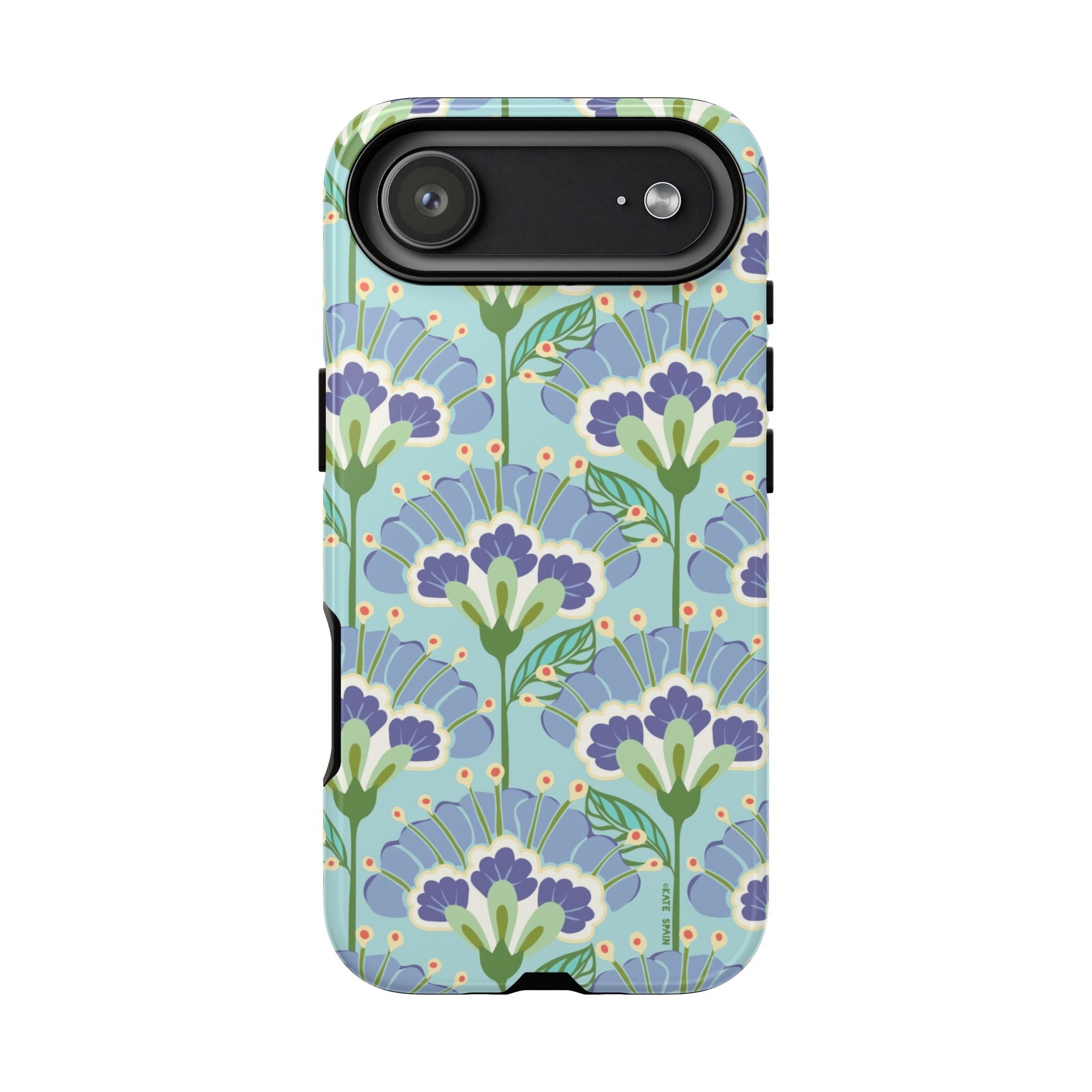 Lantern Flower Tough iPhone 17 Air Case – Glossy | aqua, periwinkle, green botanical lantern floral print