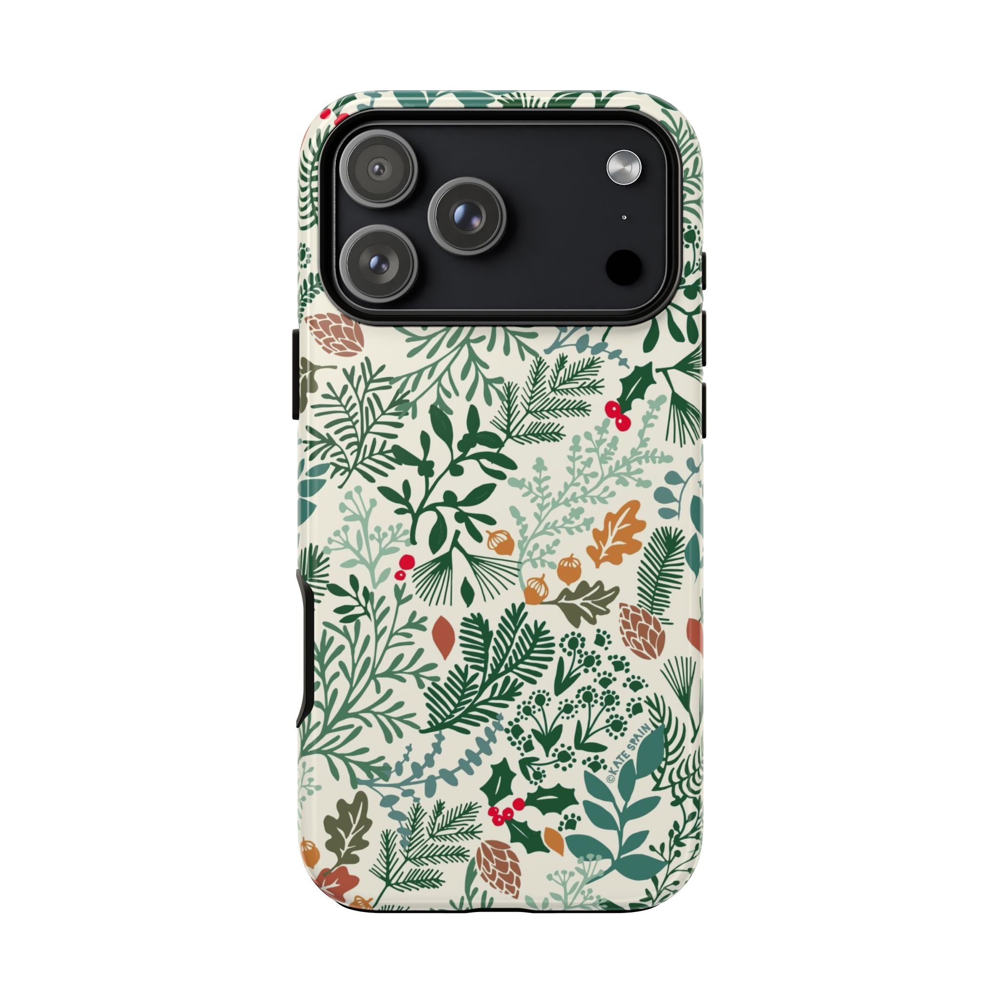 Juniper Tough iPhone 17 Pro Max Case – Glossy | cream, green, red botanical woodland print