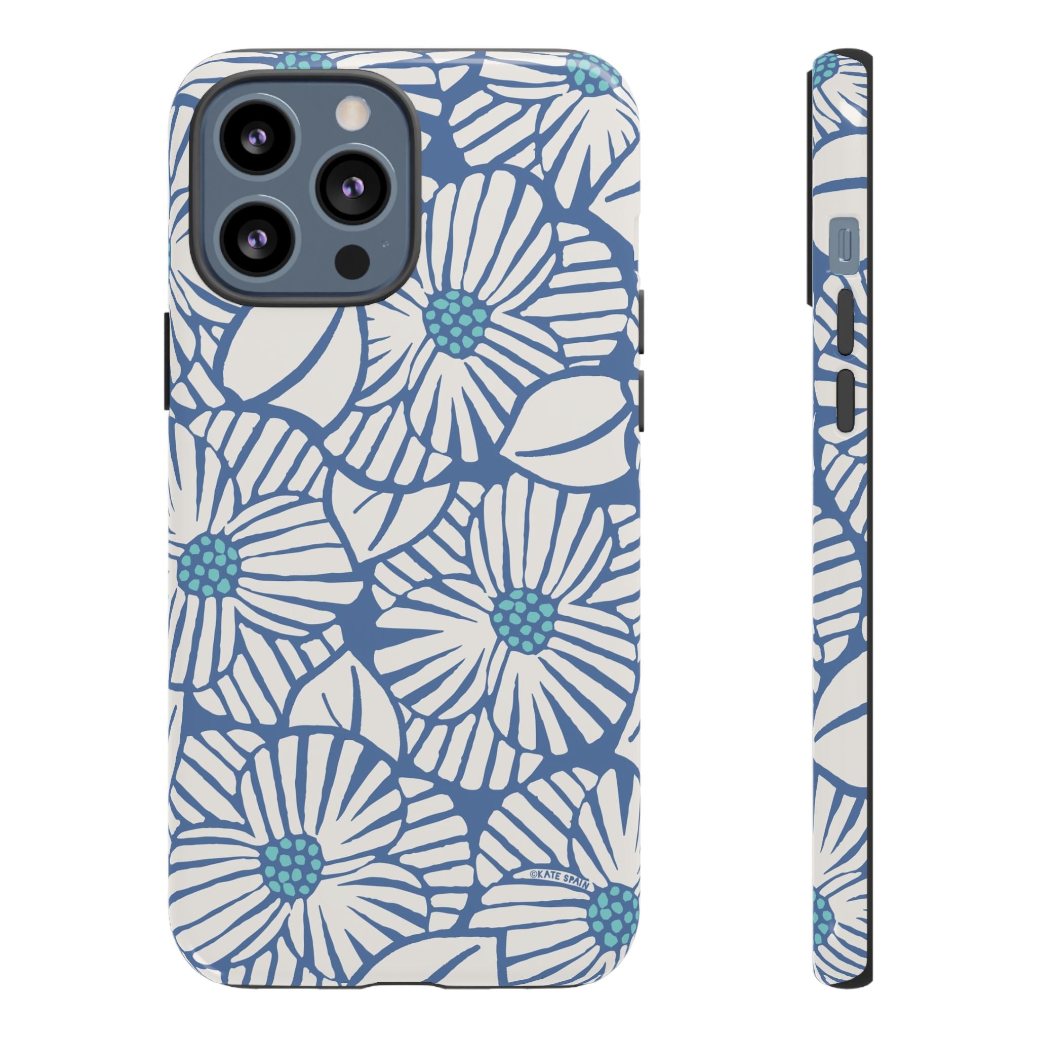 Calendula Tough iPhone 13 Pro Max Case – Glossy | periwinkle, cream, teal graphic daisy floral print