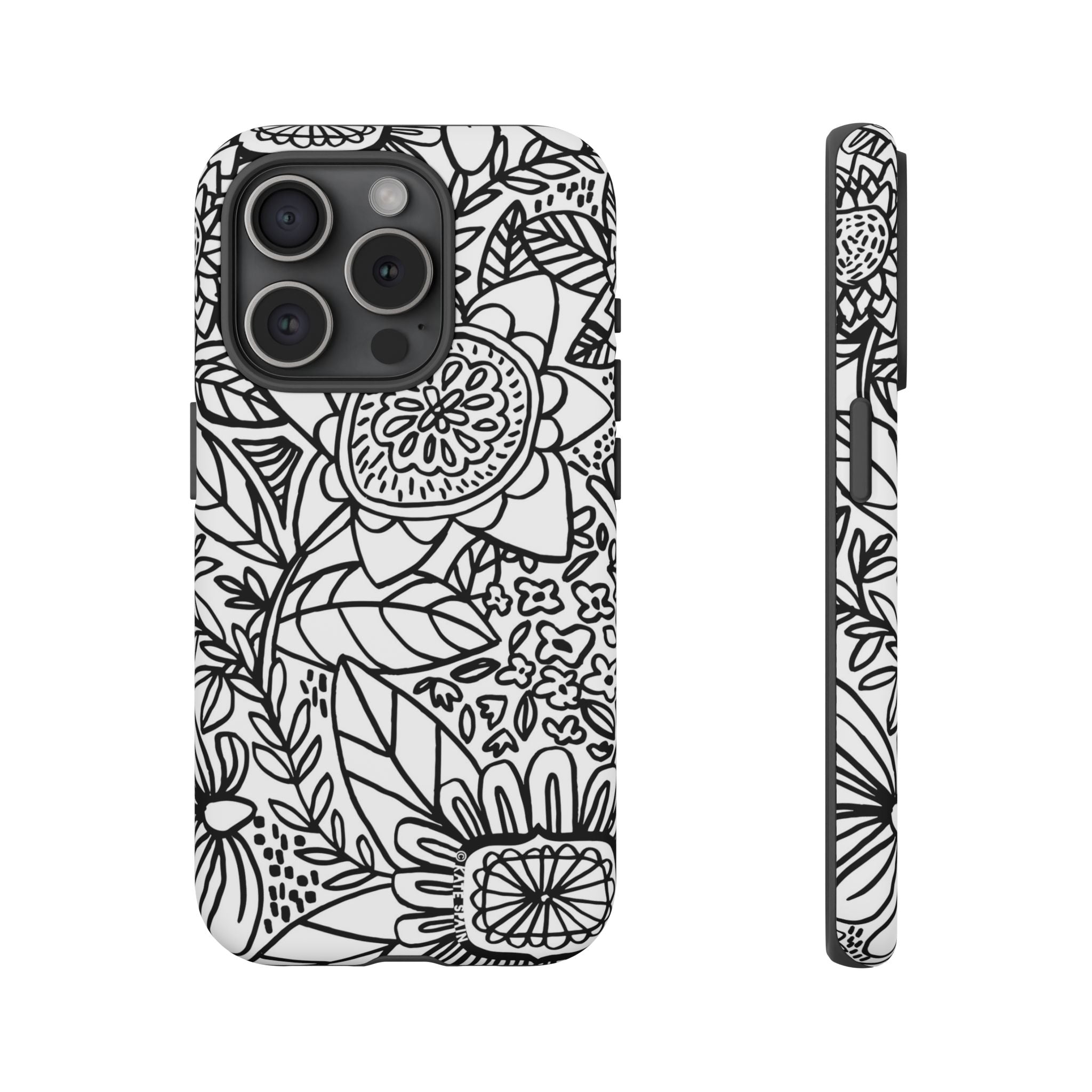 Esprit Tough iPhone 15 Pro Case – Matte | white, black botanical line art floral print