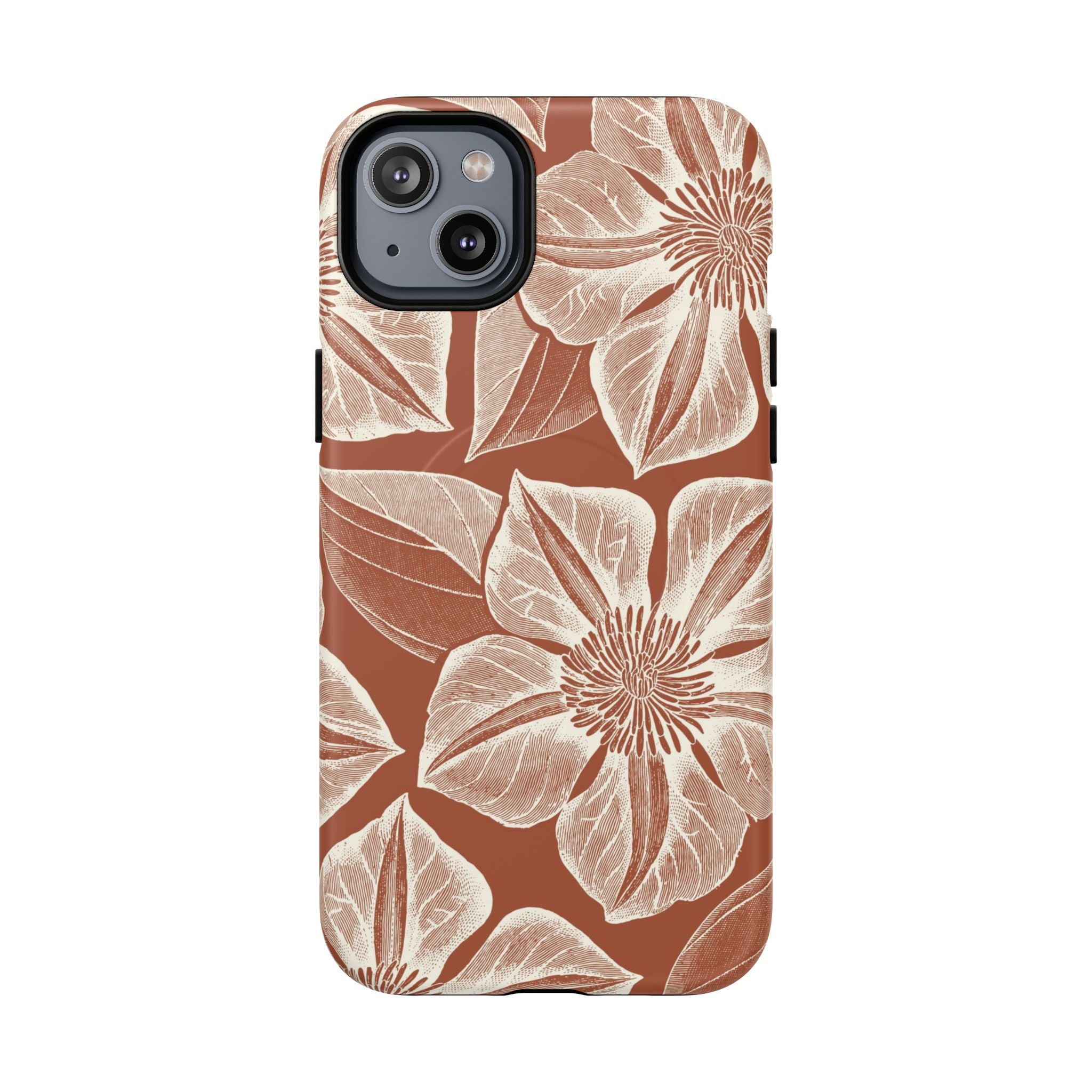 Vintage Bloom Sienna MagSafe iPhone 14 Plus – Matte | sienna ground, large-scale cream clematis print, engraved petal detail, dual-layer protection