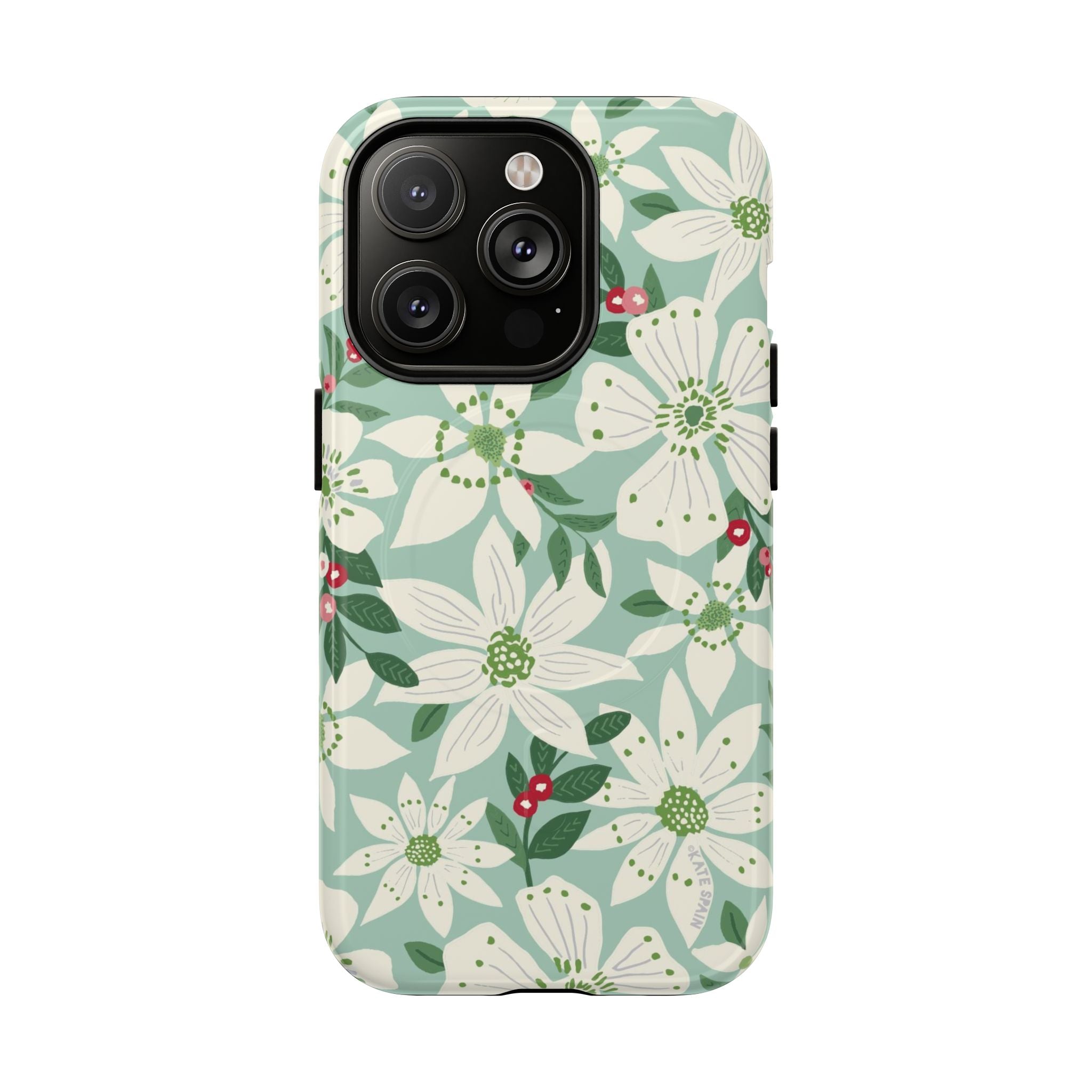 Gardenia MagSafe iPhone 14 Pro Case – Glossy | light blue, white, green, red gardenia botanical print