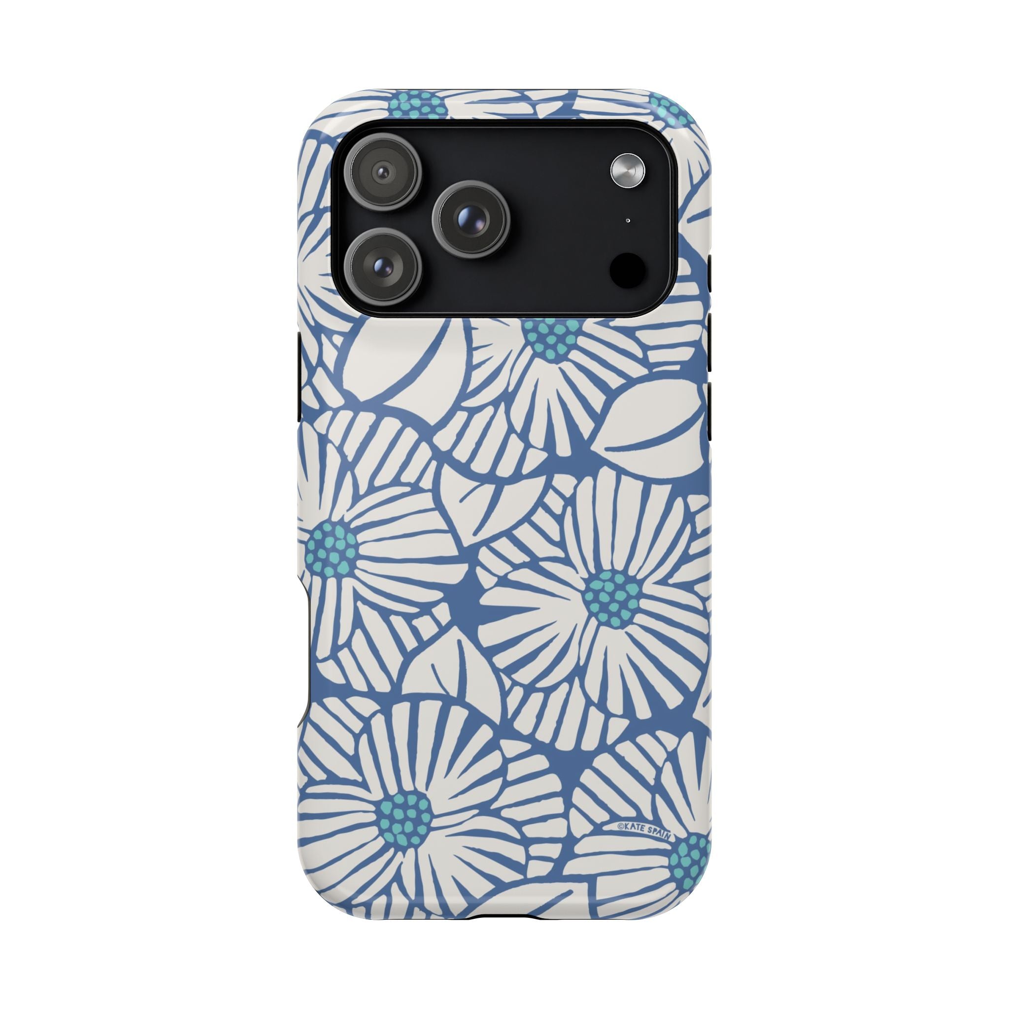 Calendula MagSafe iPhone 17 Pro Max Case – Glossy | slate blue, cream, teal kimono botanical print