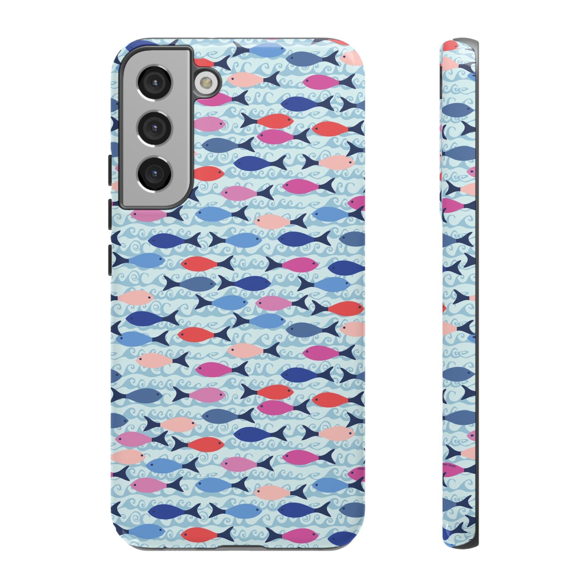 Summer Minnows Samsung Galaxy S22 Plus Case – Glossy | navy, coral, pink, and periwinkle fish on a pale aqua ground