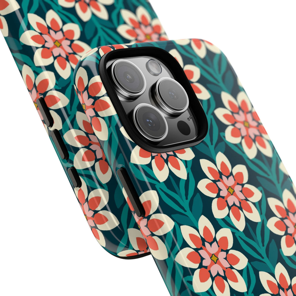 Modern Dahlia Tough iPhone 16 Pro Max Case – detail view of camera | teal, coral, cream geometric dahlia floral print