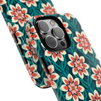 Modern Dahlia Tough iPhone 16 Pro Max Case – detail view of camera | teal, coral, cream geometric dahlia floral print