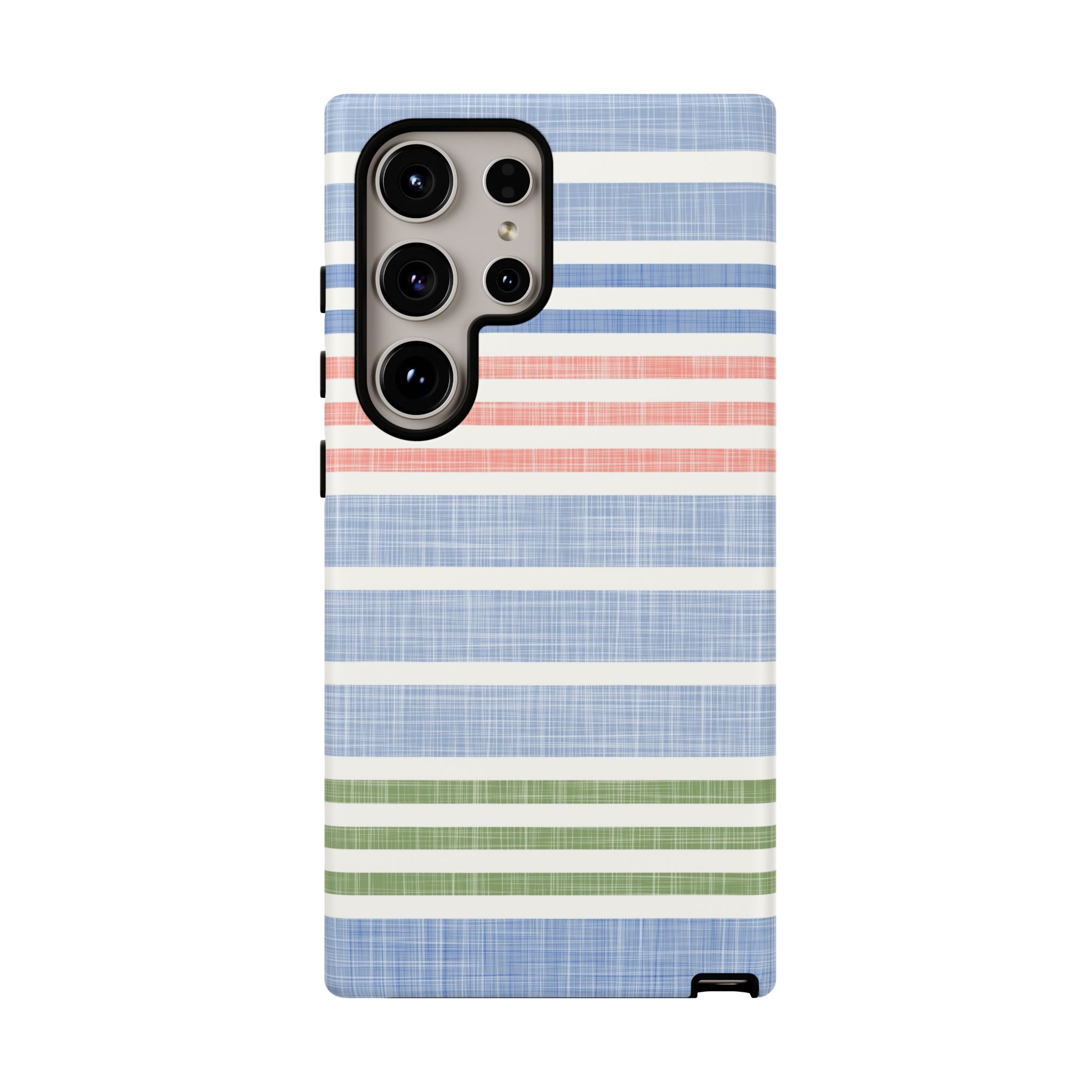 Cabana Stripe Pastel Samsung Galaxy S24 Ultra Case – Matte | soft blue, coral, sage green chambray-textured stripe print dual-layer protection