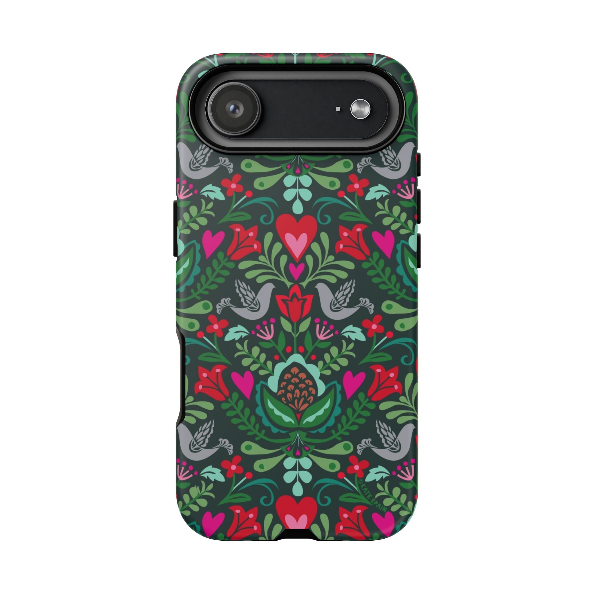 Rosemaling Tough iPhone 17 Air Case – Matte | dark green, red, pink, gray folk art floral bird print