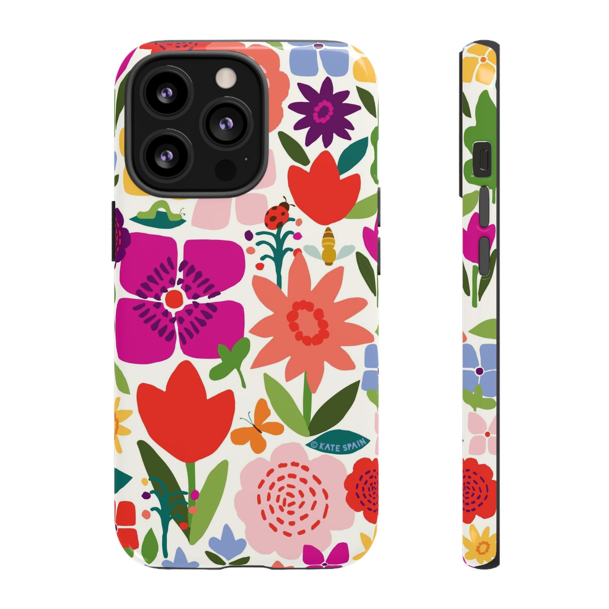 Happy Blooms Tough iPhone 13 Pro Case – Glossy | cream, red, magenta, coral botanical floral print