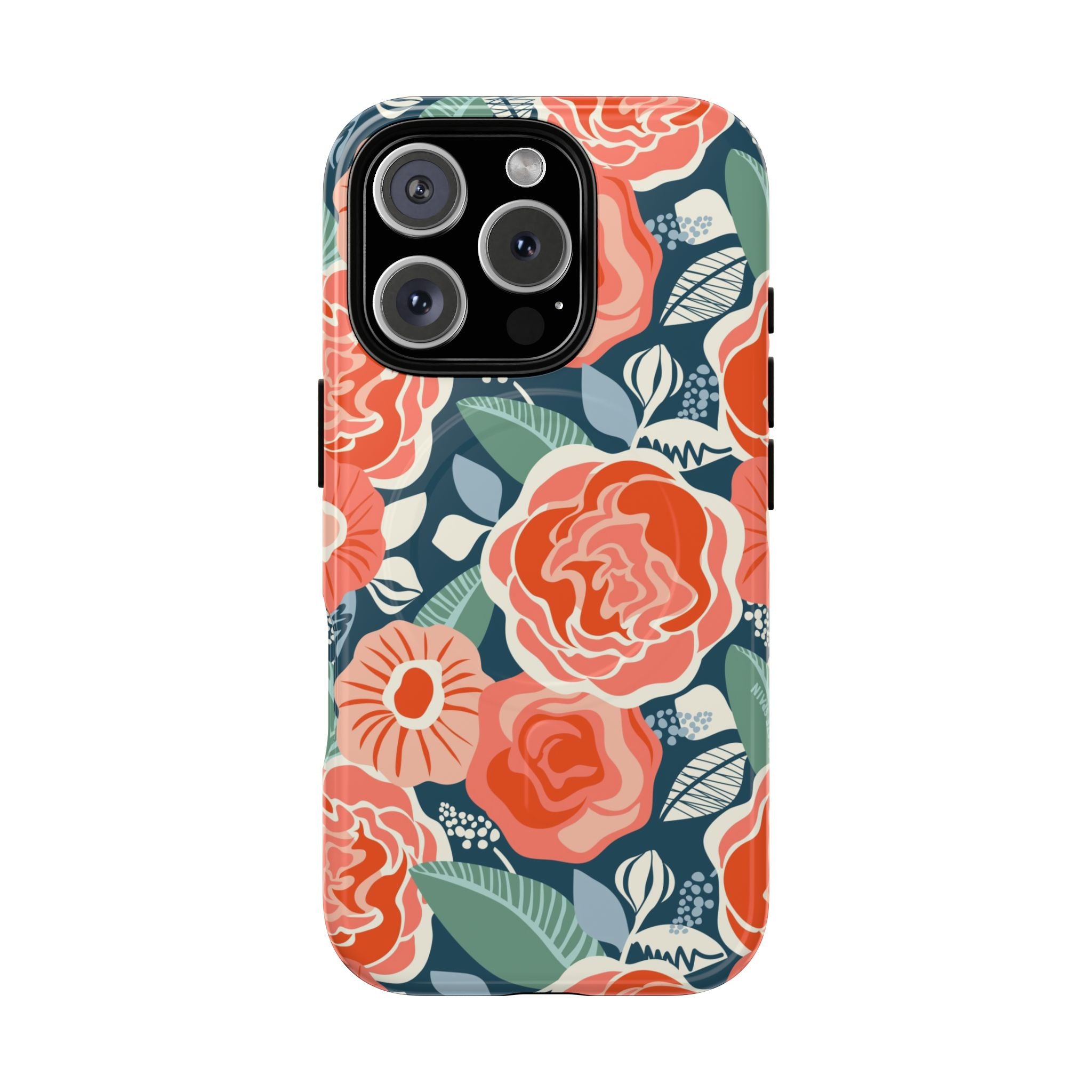 Luxury Tea Rose Navy MagSafe iPhone 16 Pro Case – Glossy | navy, coral, peach botanical rose floral print