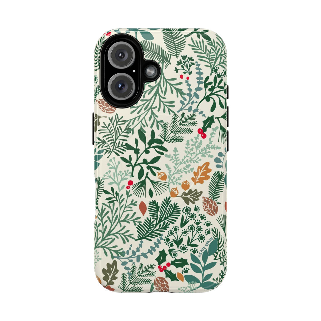 Juniper MagSafe iPhone 16 Case – Glossy | cream, forest green, sage, and rust winter botanical print with pine, holly, acorns, and pinecones