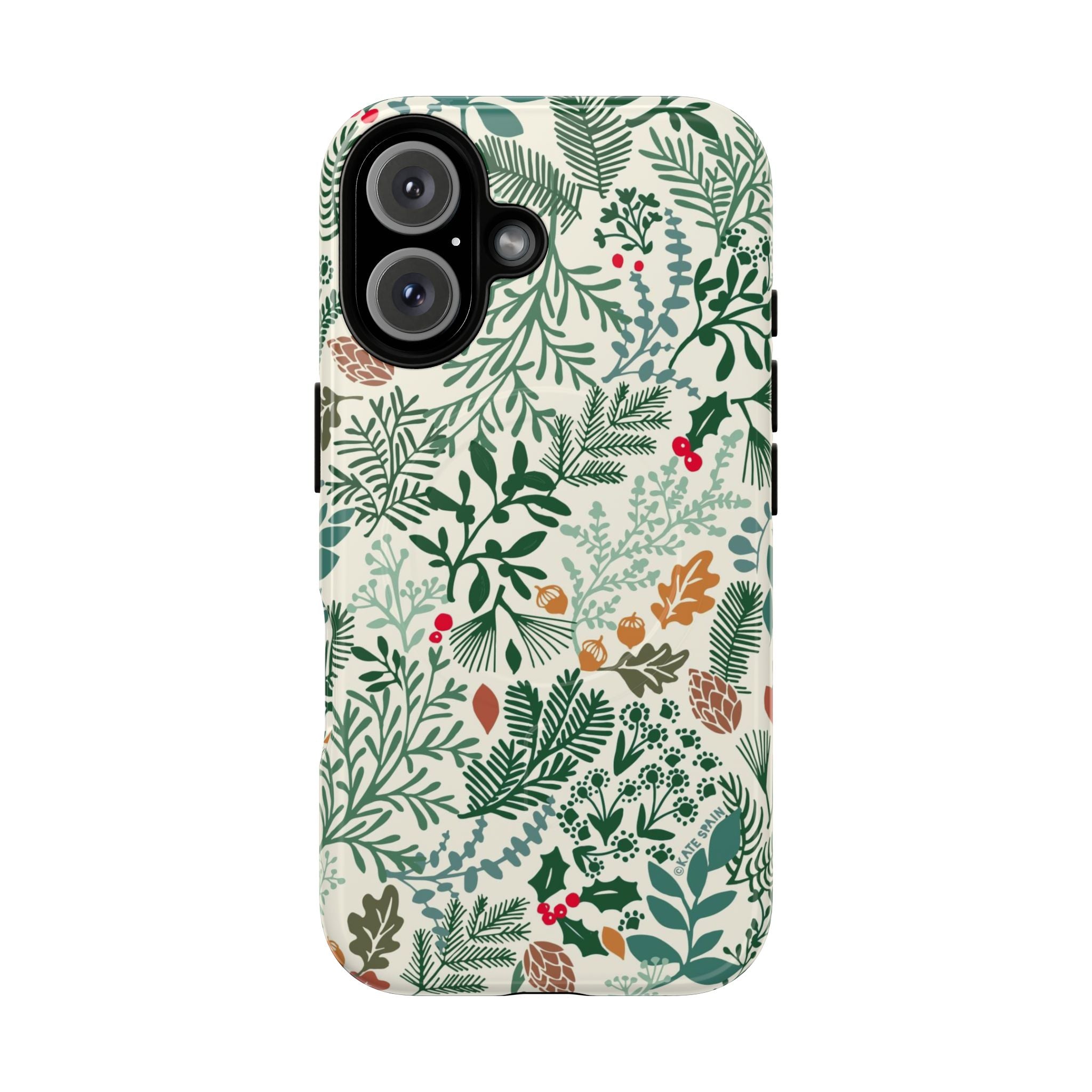 Juniper MagSafe iPhone 16 Case – Glossy | cream, forest green, sage, and rust winter botanical print with pine, holly, acorns, and pinecones