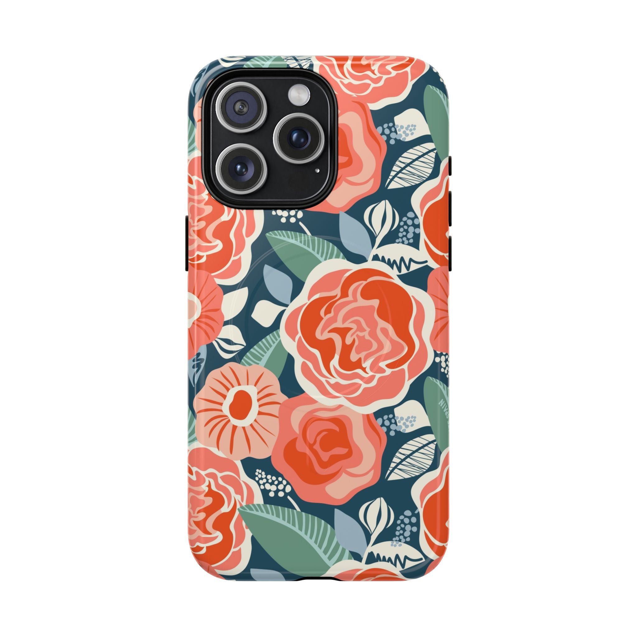 Luxury Tea Rose Navy MagSafe iPhone 15 Pro Max Case – Glossy | navy, coral, peach botanical rose floral print