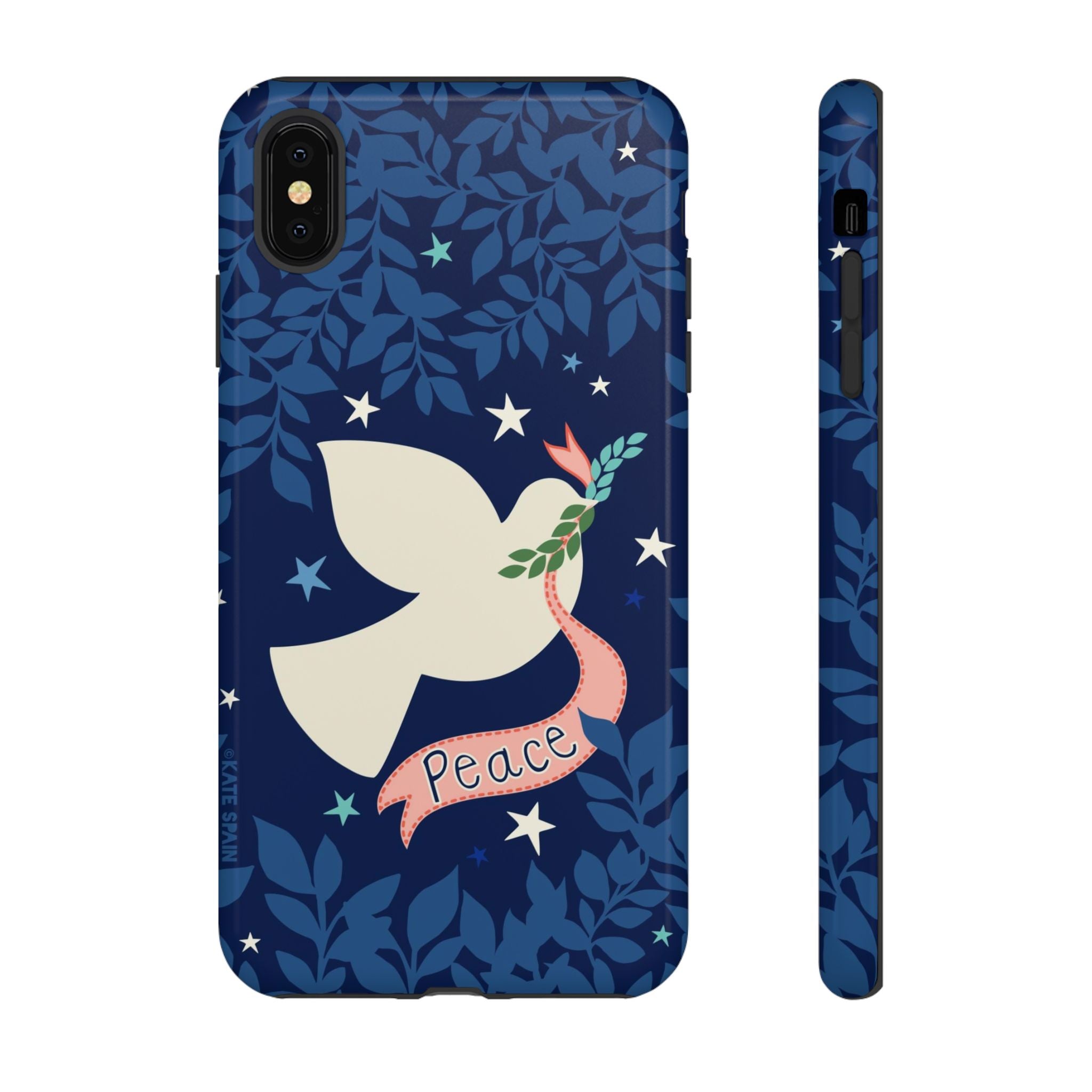 Peace Tough iPhone XS Max Case – Glossy | navy, cream peace dove, stars, botanical print