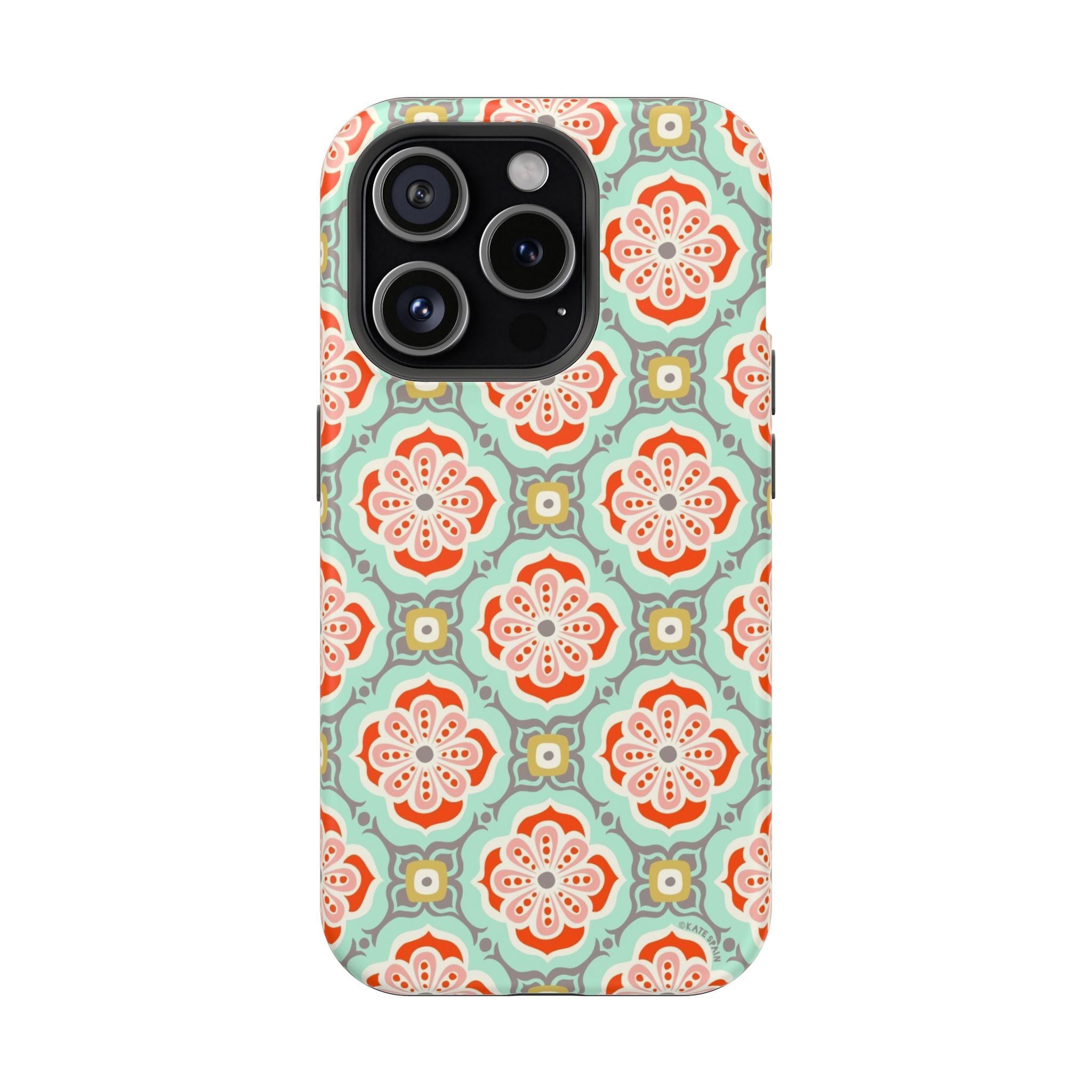 iPhone 15 Pro magnetic tough case featuring Alhambra tile pattern in matte finish