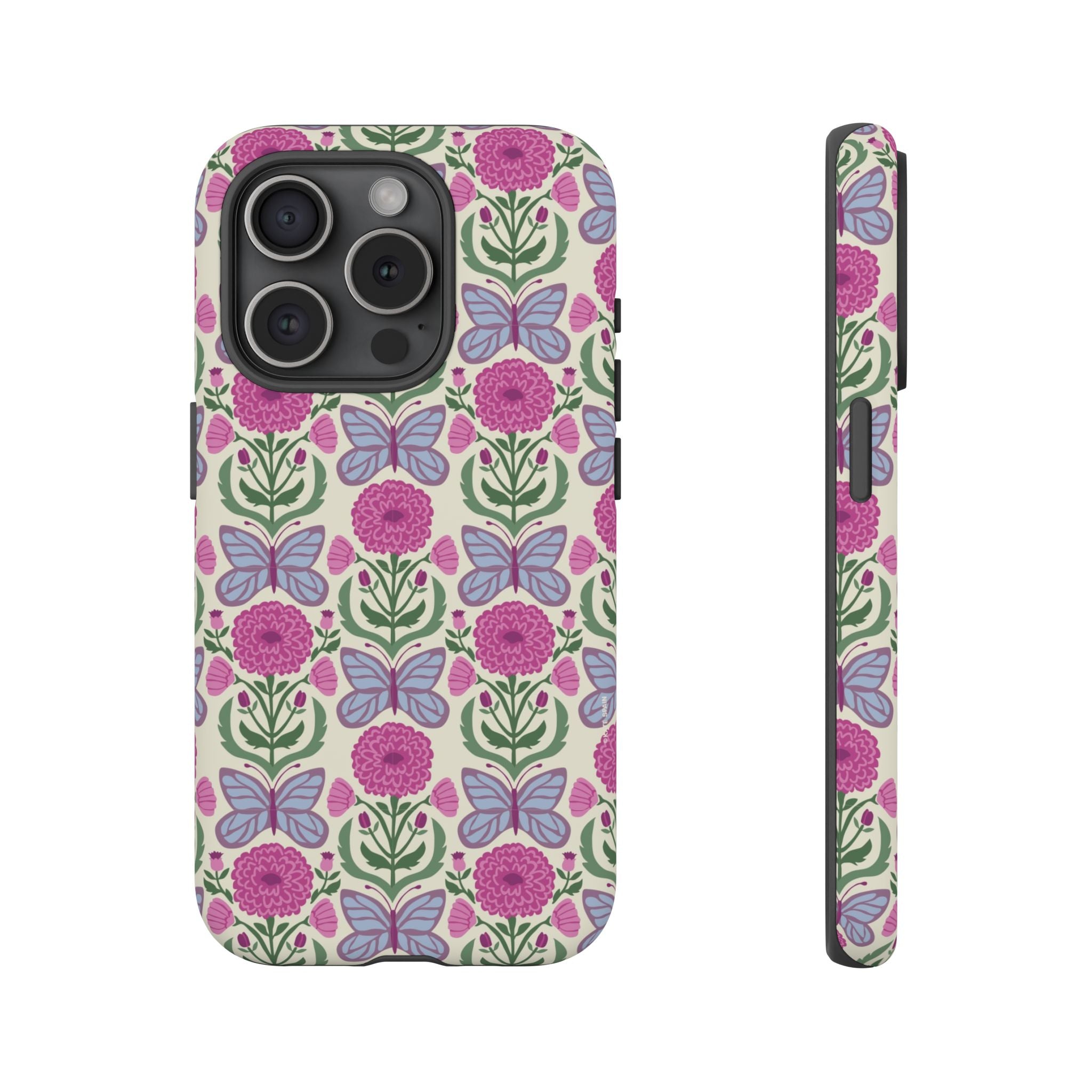 Butterfly Tough iPhone 15 Pro Case – Matte | cream, magenta, periwinkle butterfly floral print