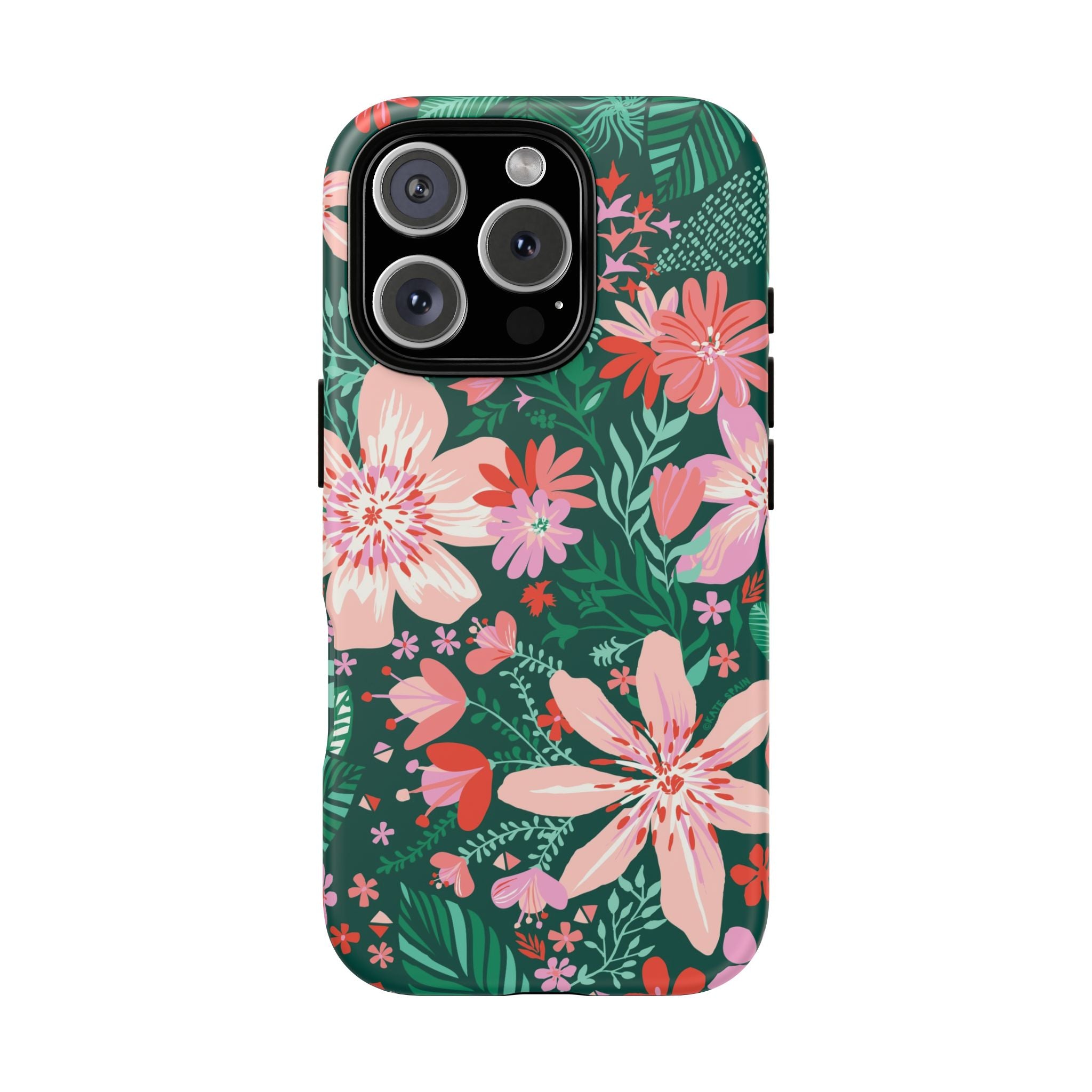 Bonaire Tough iPhone 16 Plus Case – Glossy | jade, pink, white tropical floral botanical print