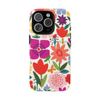 Happy Blooms Tough iPhone 16 Pro Case – Glossy | cream, red, magenta, coral botanical floral print
