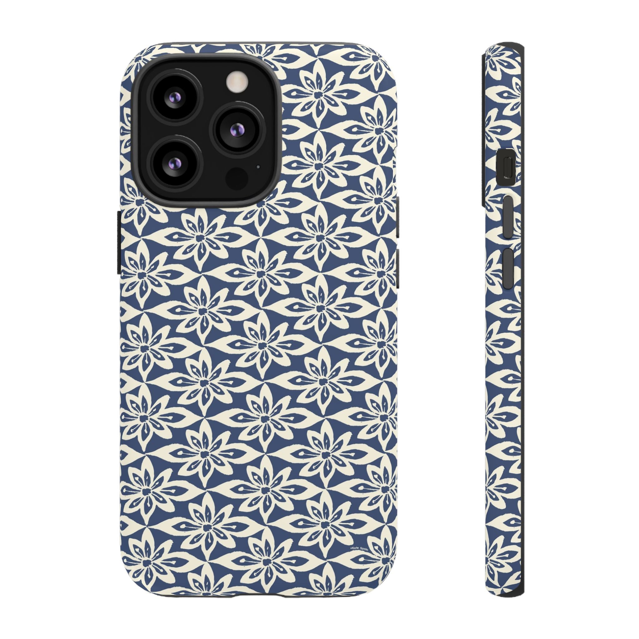 Lily Navy Blue iPhone 13 Pro Matte case — geometric cream lily print on navy blue by Kate Spain