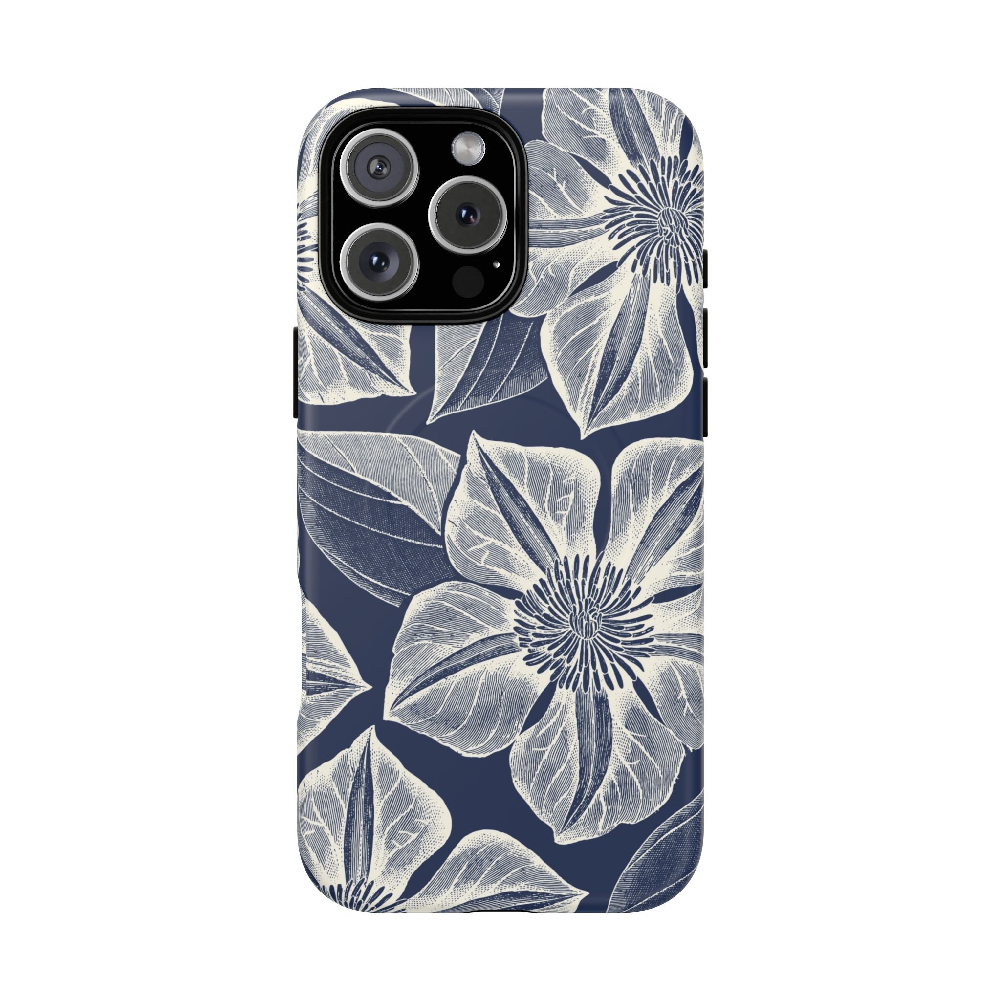 Vintage Bloom Navy MagSafe iPhone 16 Pro Max Case – Matte | navy ground, large-scale white clematis print, engraved petal detail, dual-layer protection