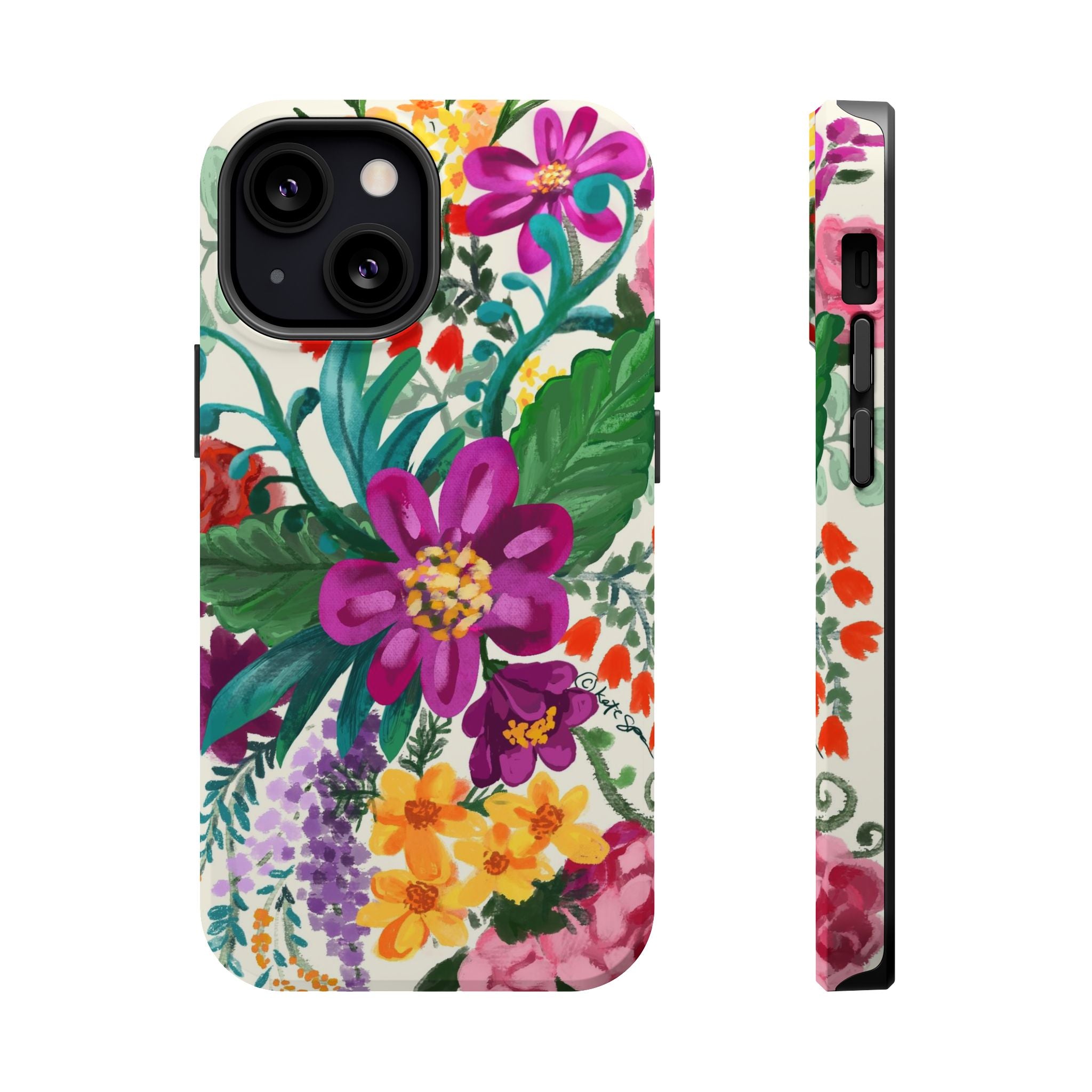 Posy MagSafe iPhone 13 Mini Case – Matte | white, magenta, yellow, purple vibrant botanical floral print