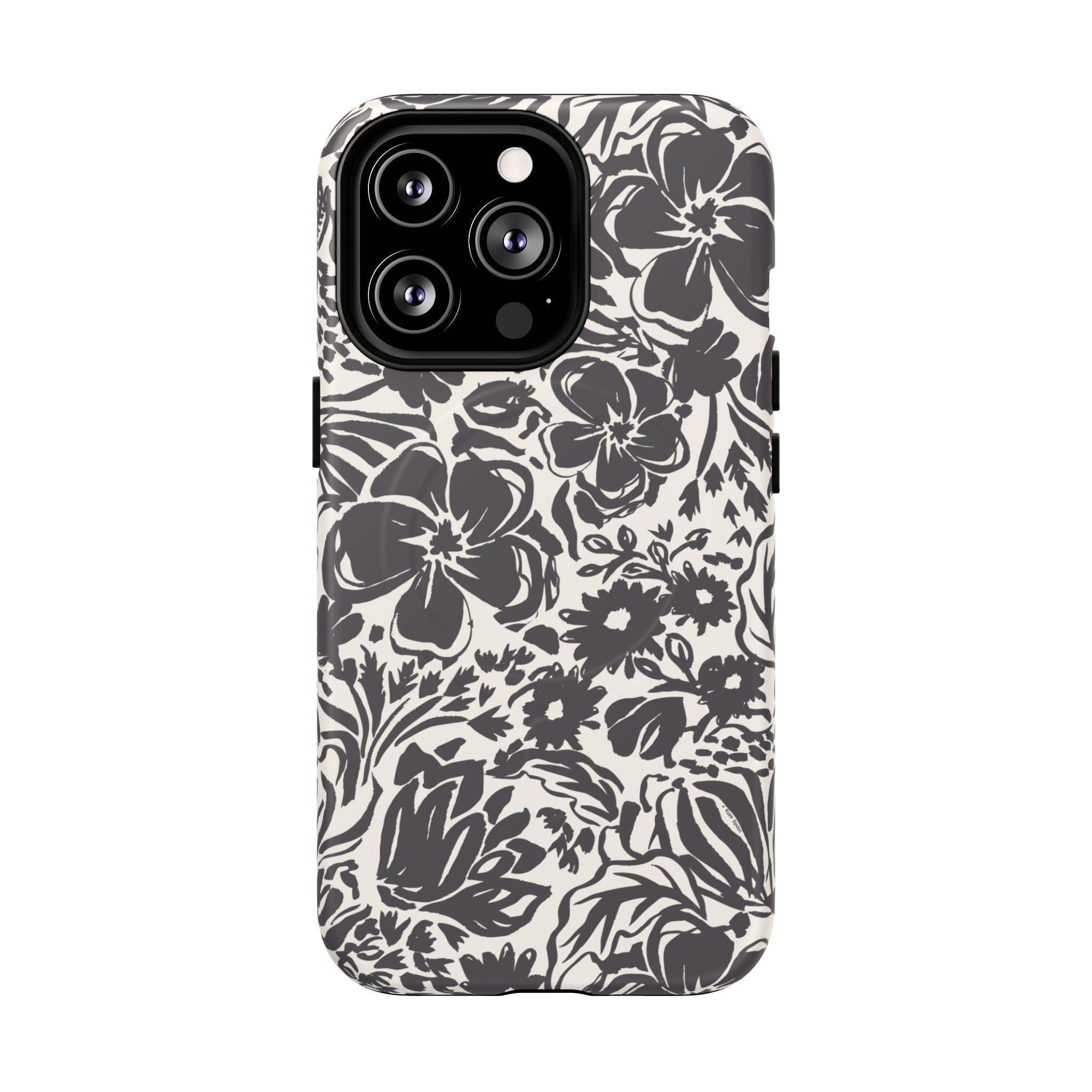 Rhapsody Black MagSafe iPhone 13 Pro Matte case — bold charcoal floral print on cream by Kate Spain