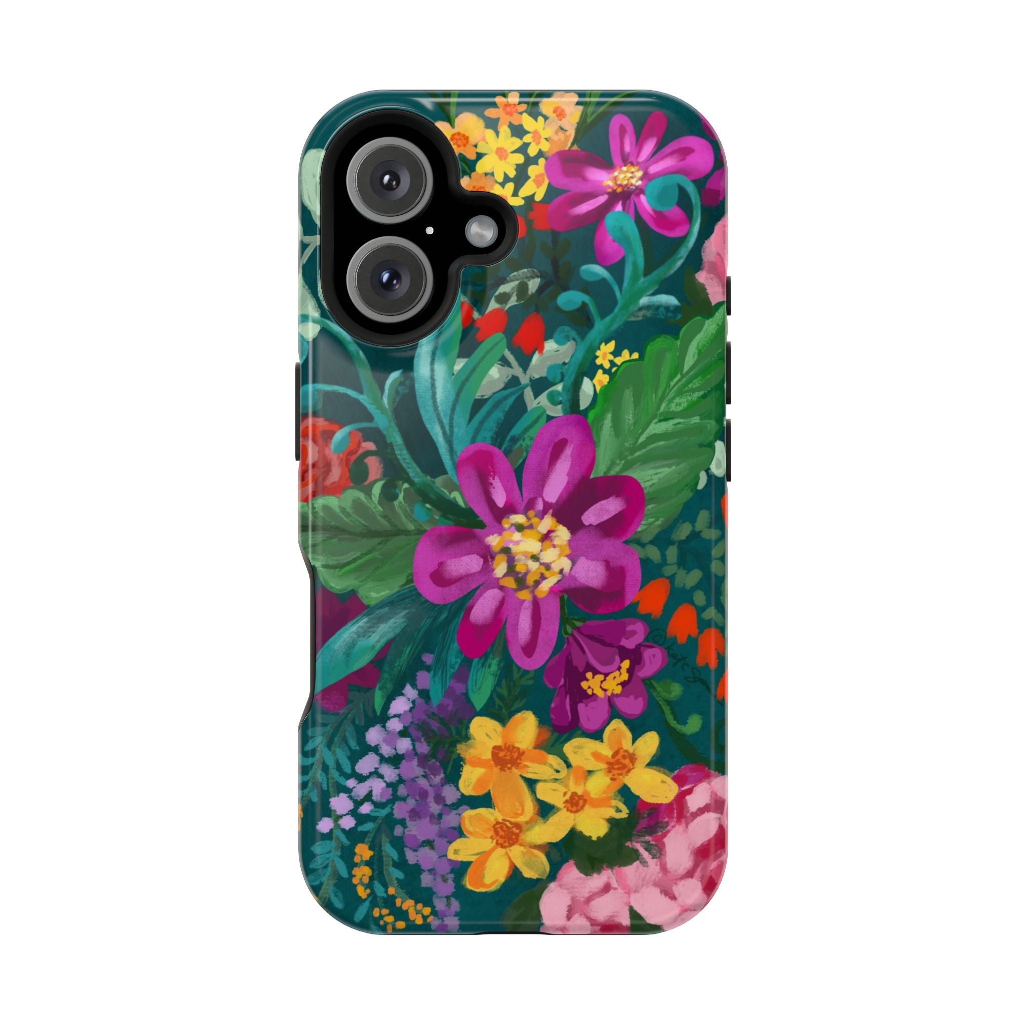 Posy MagSafe iPhone 16 Case – Glossy | teal, magenta, yellow, pink vibrant botanical floral print