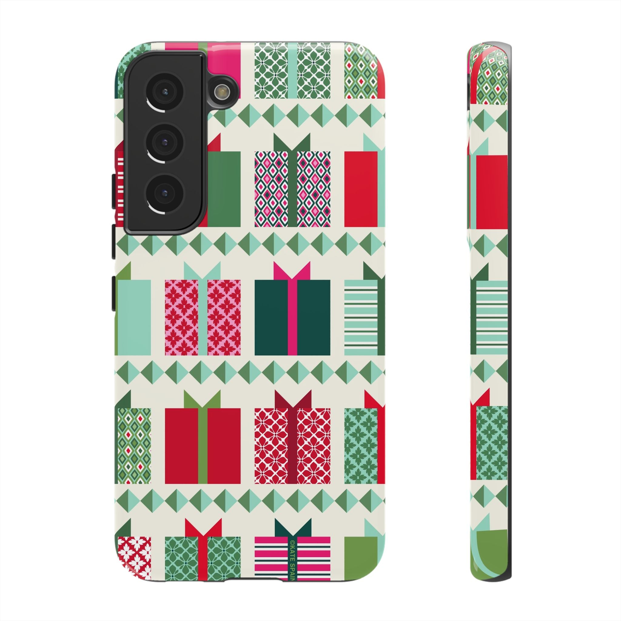 All Wrapped Up Samsung Galaxy S22 Case – Glossy | cream, red, pink, green, mint geometric gift wrap holiday print