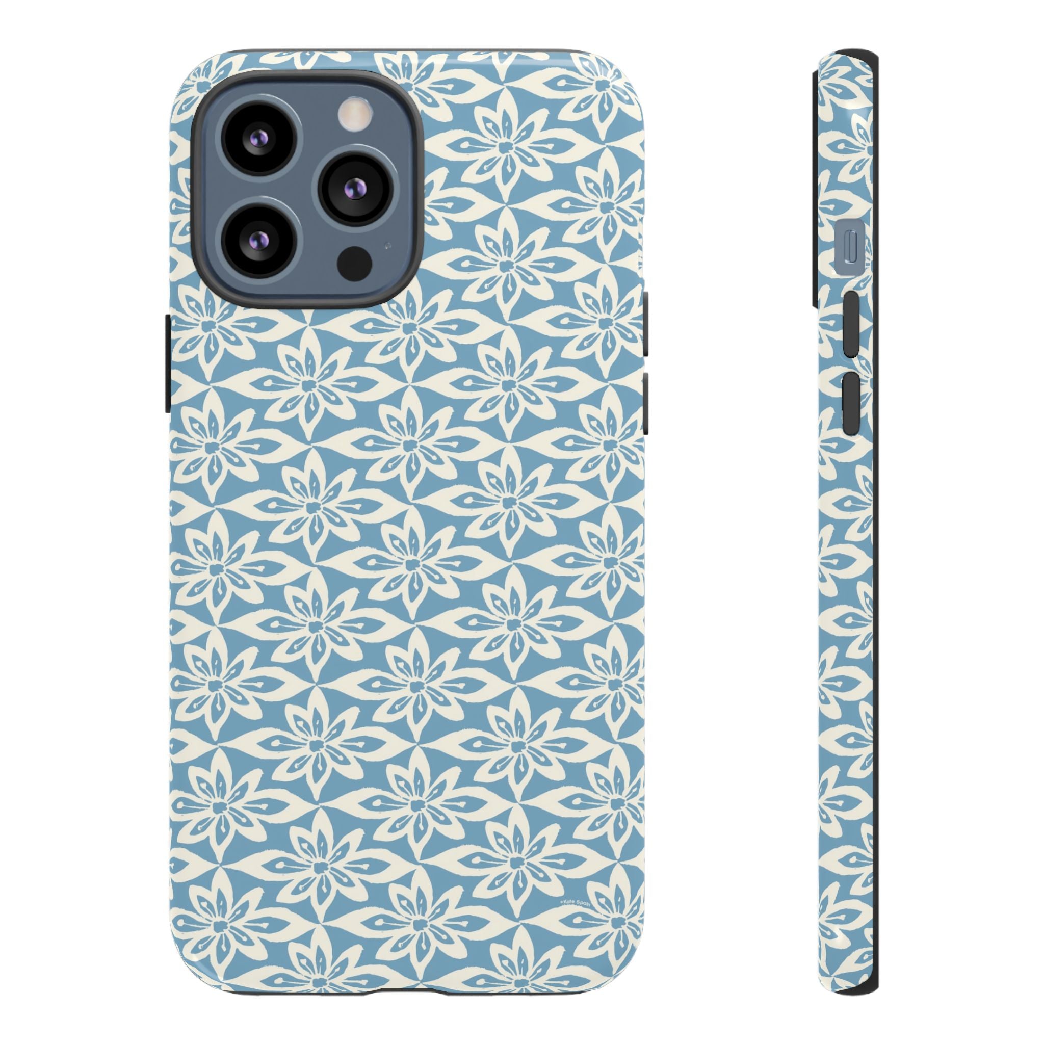 Lily Blue iPhone 13 Pro Max Case – Glossy | graphic white lily print on soft cerulean — botanical phone case by Kate Spain