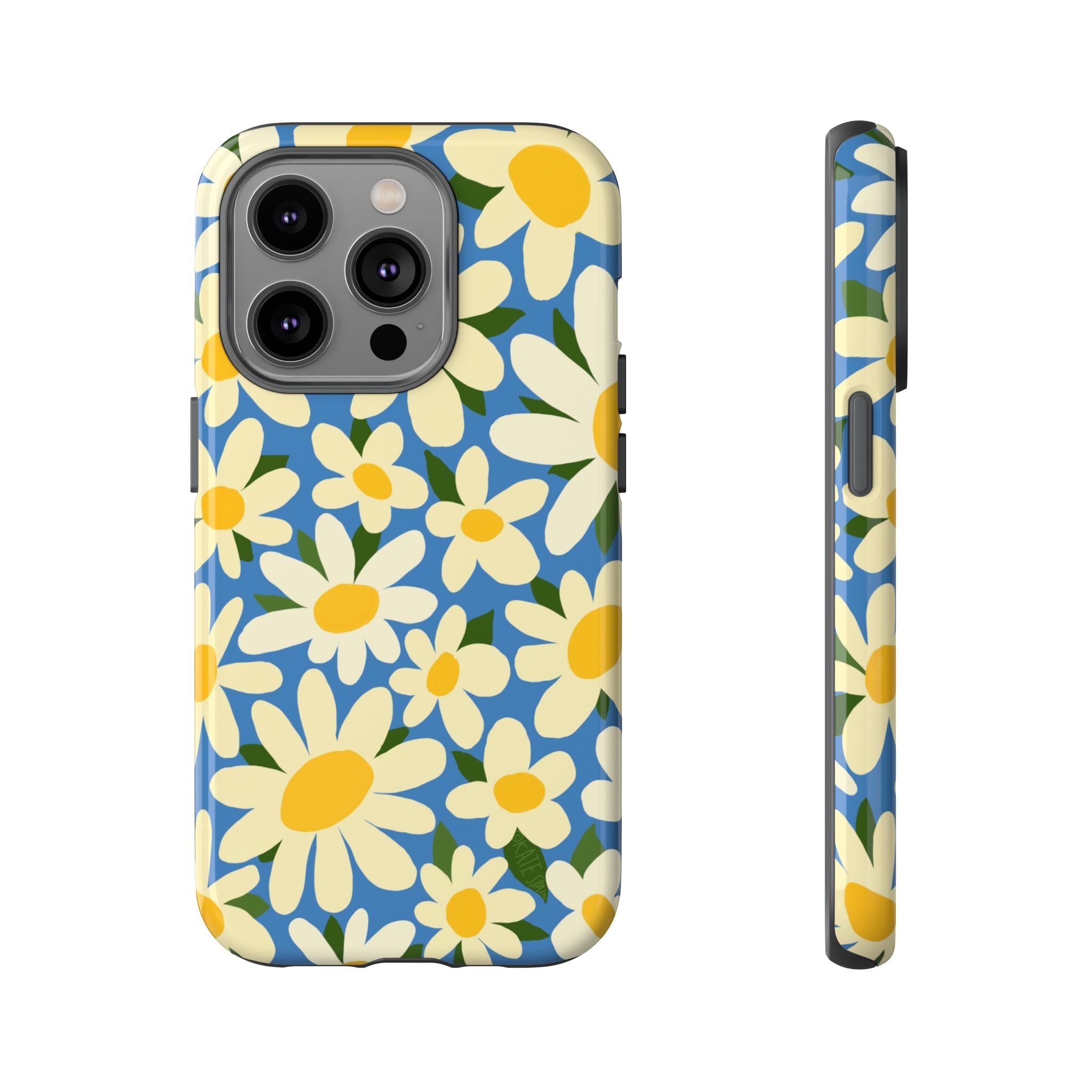 Shasta Daisy Tough iPhone 14 Pro Case – Glossy | blue, cream, yellow daisy floral print