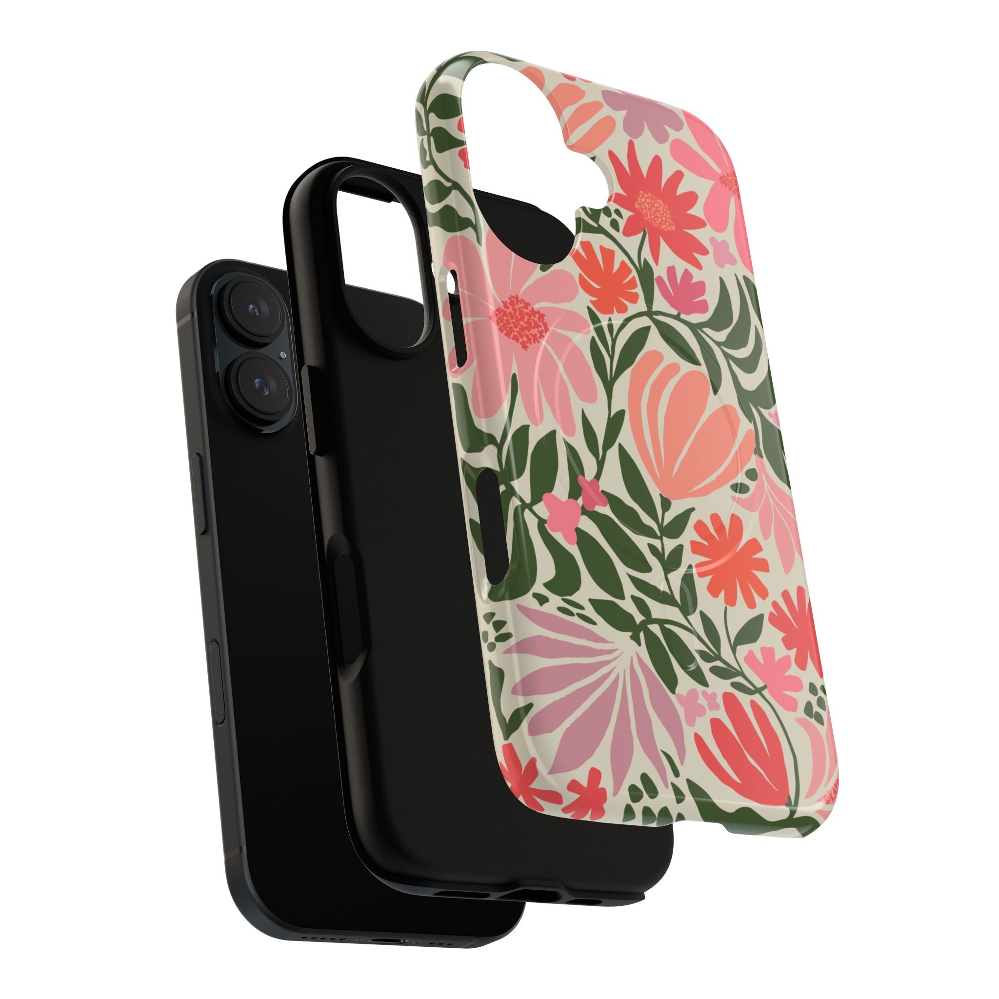 Botanica MagSafe iPhone 17 Case – Dual-layered view of case and inner lining in front of phone, with view of camera cutout and buttons | coral, pink, sage green botanical wildflower print