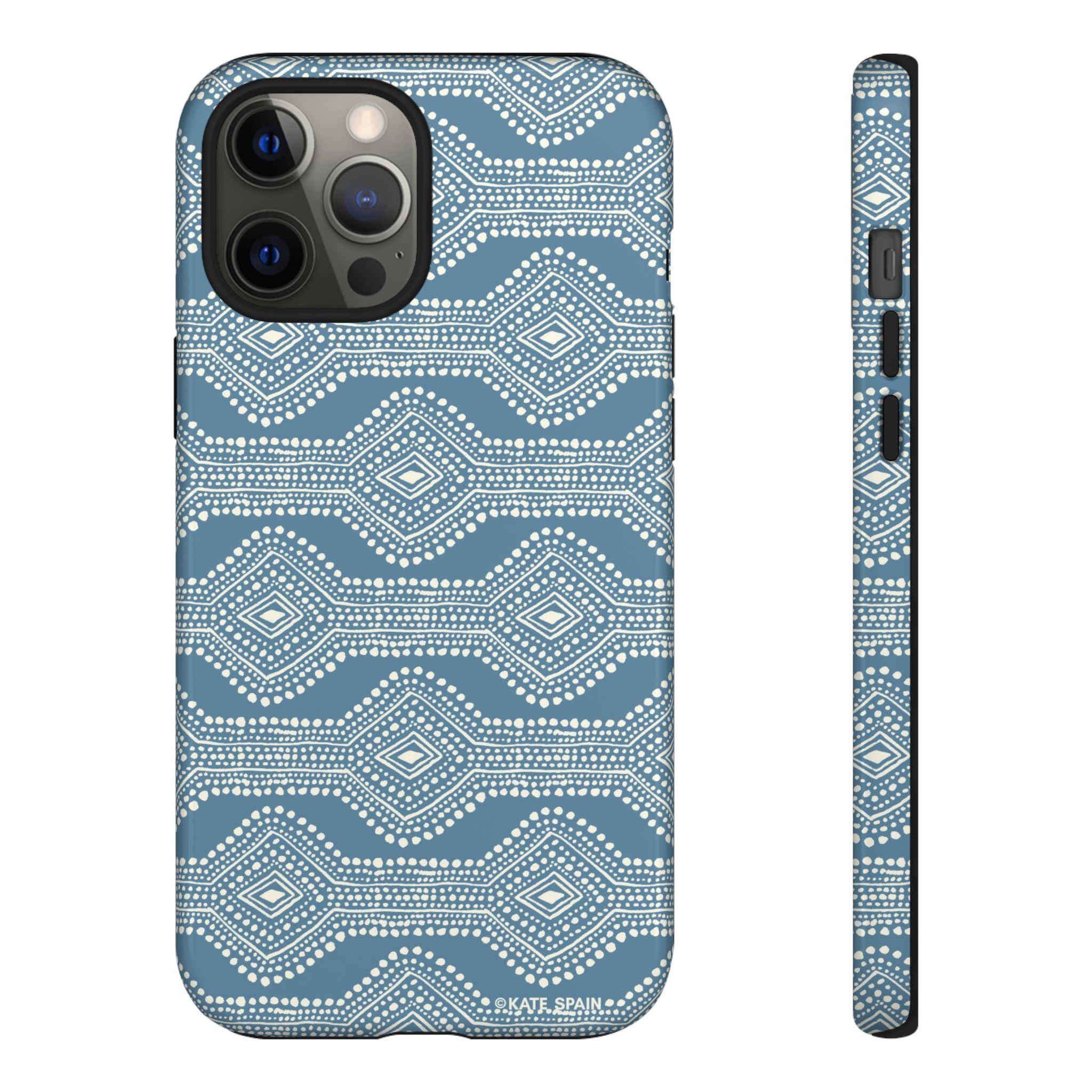 Diamond Dots Tough iPhone 12 Pro Max Case – Glossy | steel blue, white diamond dot geometric print