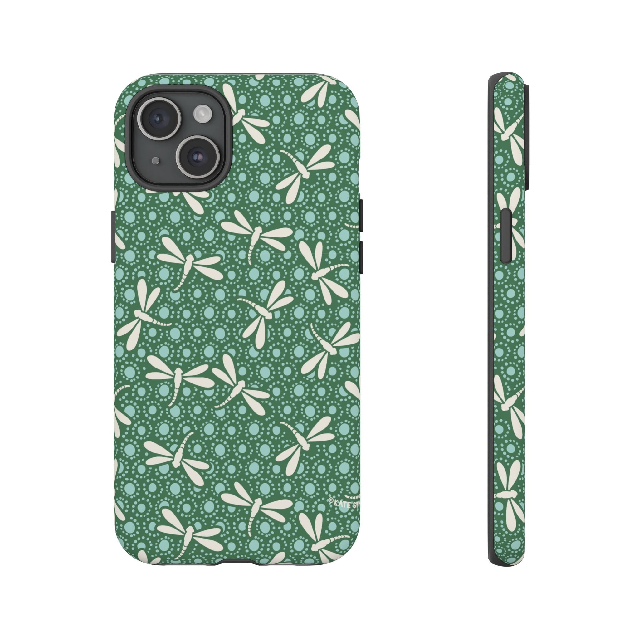 Designer Dragonfly Tough iPhone 15 Plus Case – Matte | jade green, aqua, cream dragonfly print