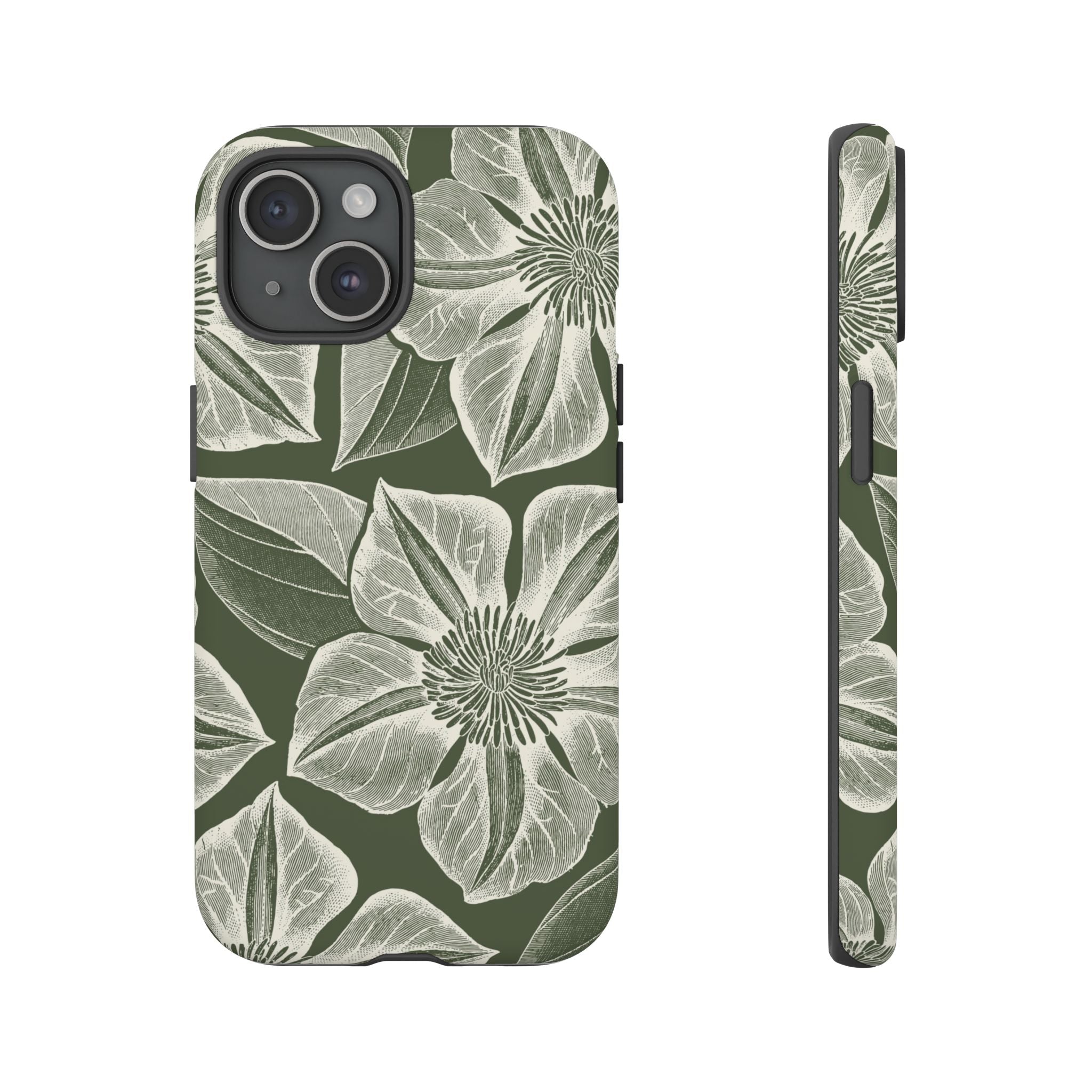 Vintage Bloom Cypress iPhone 15 case – Matte | cypress green ground, large-scale white clematis print, engraved petal detail, dual-layer protection
