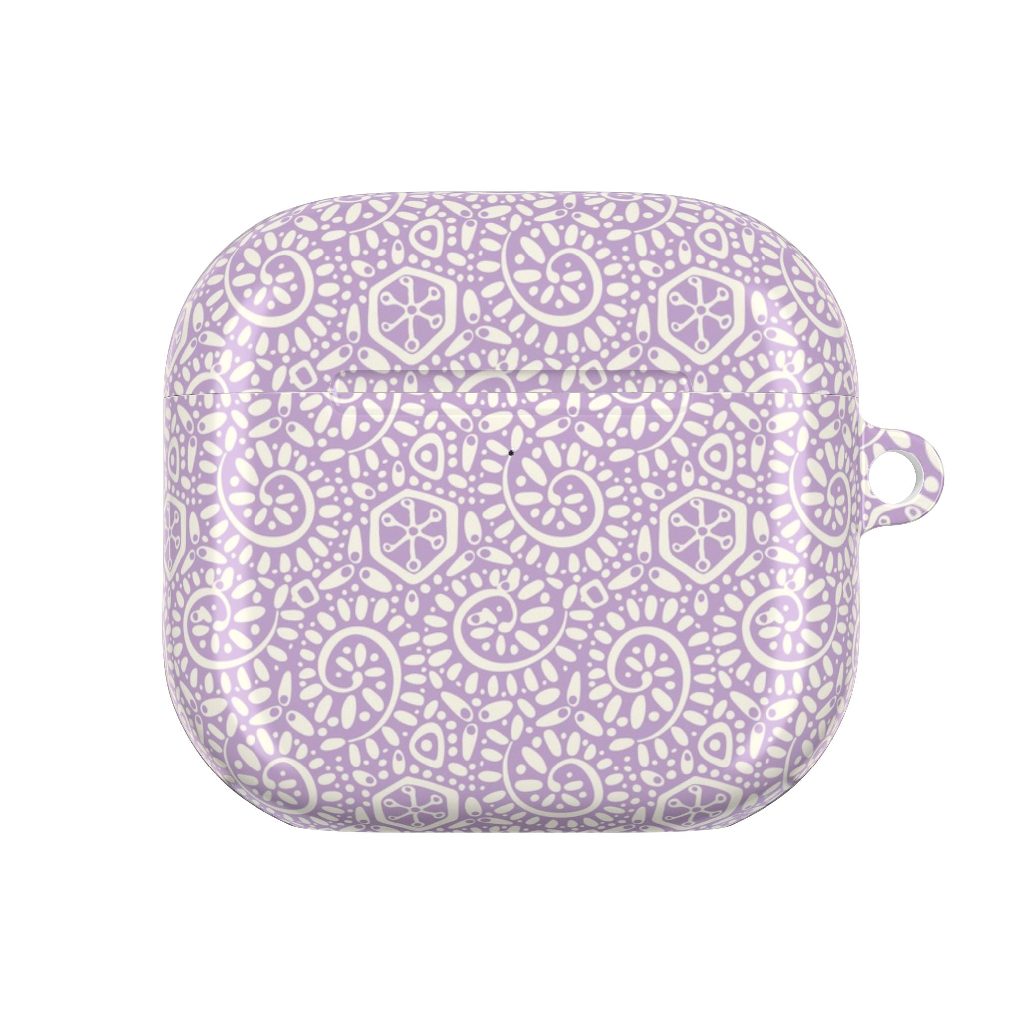 Pastel lavender purple AirPods case with white geometric pattern on a white background