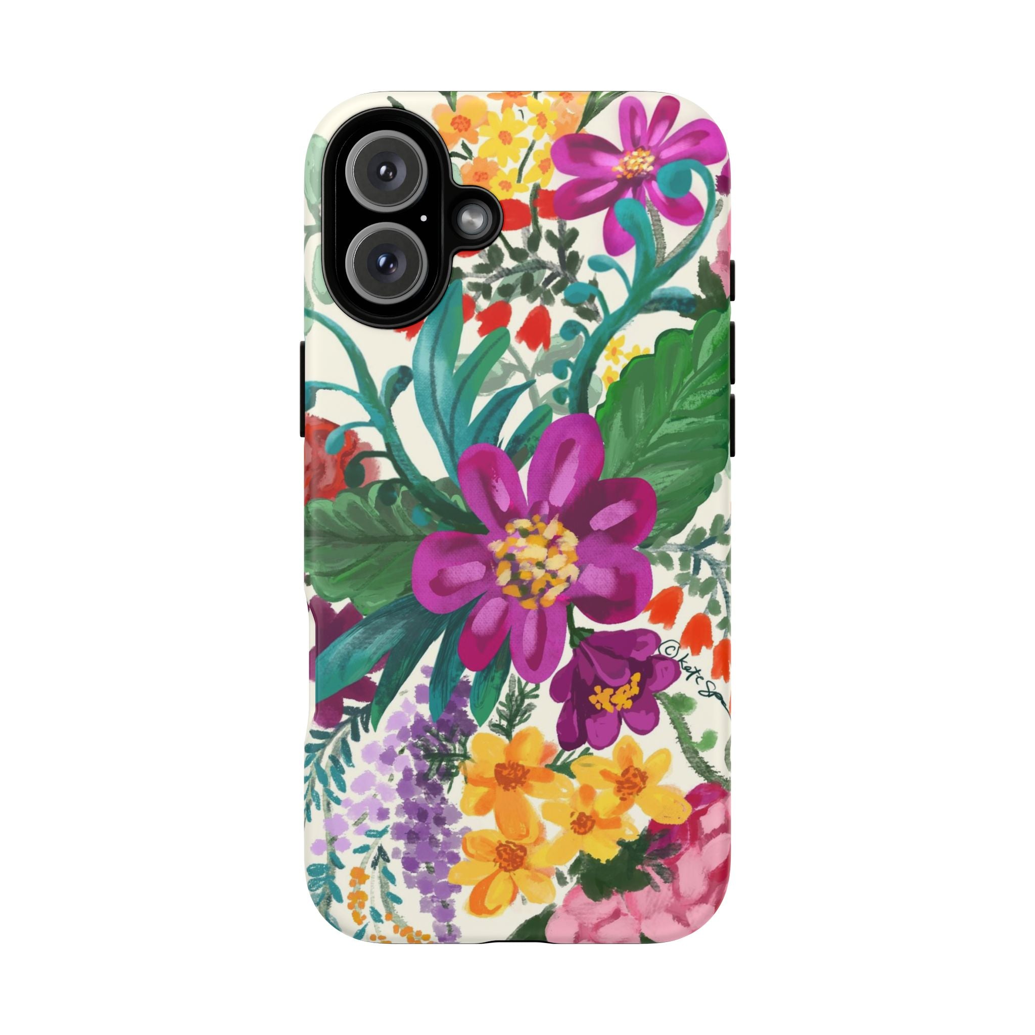Posy Tough iPhone 16 Plus Case – Matte | cream, magenta, coral botanical floral print