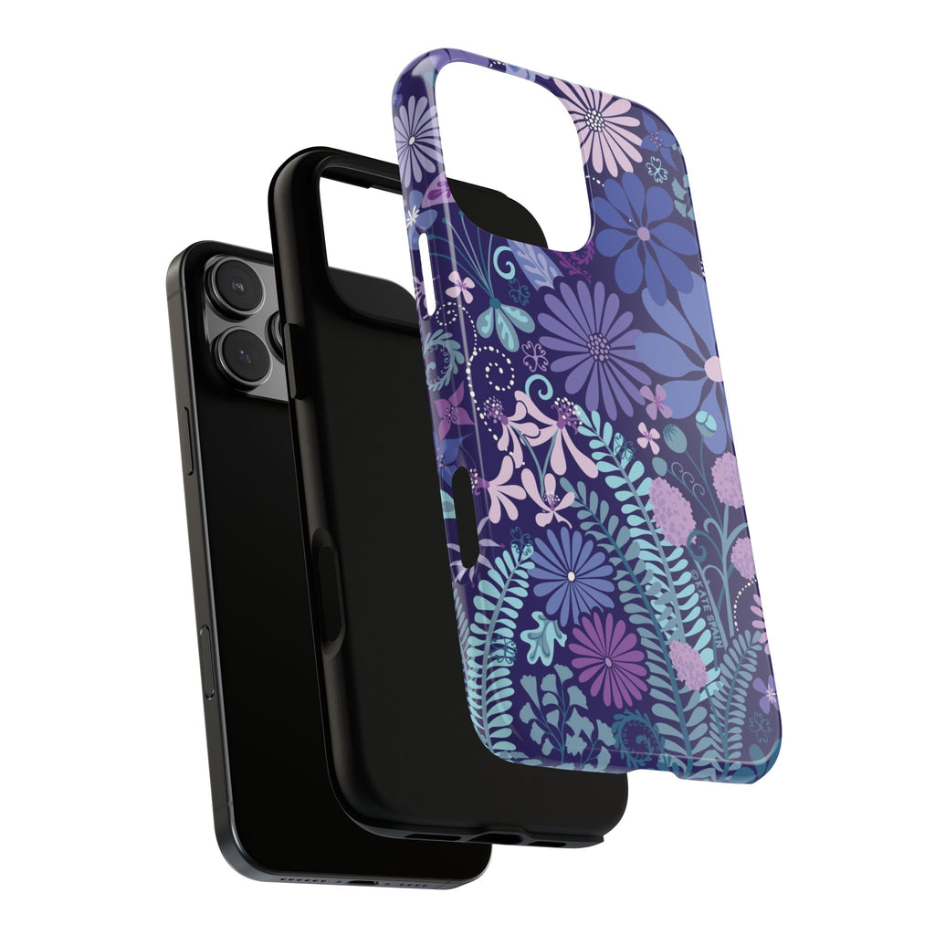 Luxury Terrain Tough iPhone 16 Pro Case – detail view of layered construction | navy, purple, aqua botanical woodland floral print